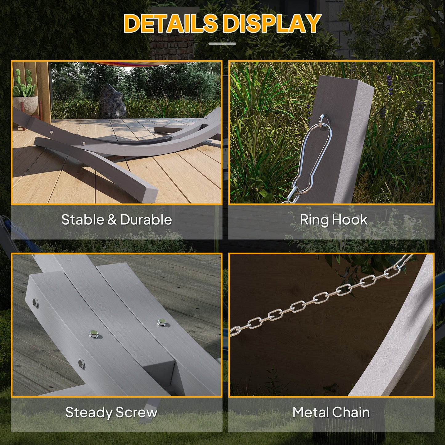3(m) Wooden Hammock Stand, 1 Person Hammock Frame with Chain and Safety Buckles, Pine Wood Arc Stand for Garden, Patio, Outdoor and Indoor, Grey