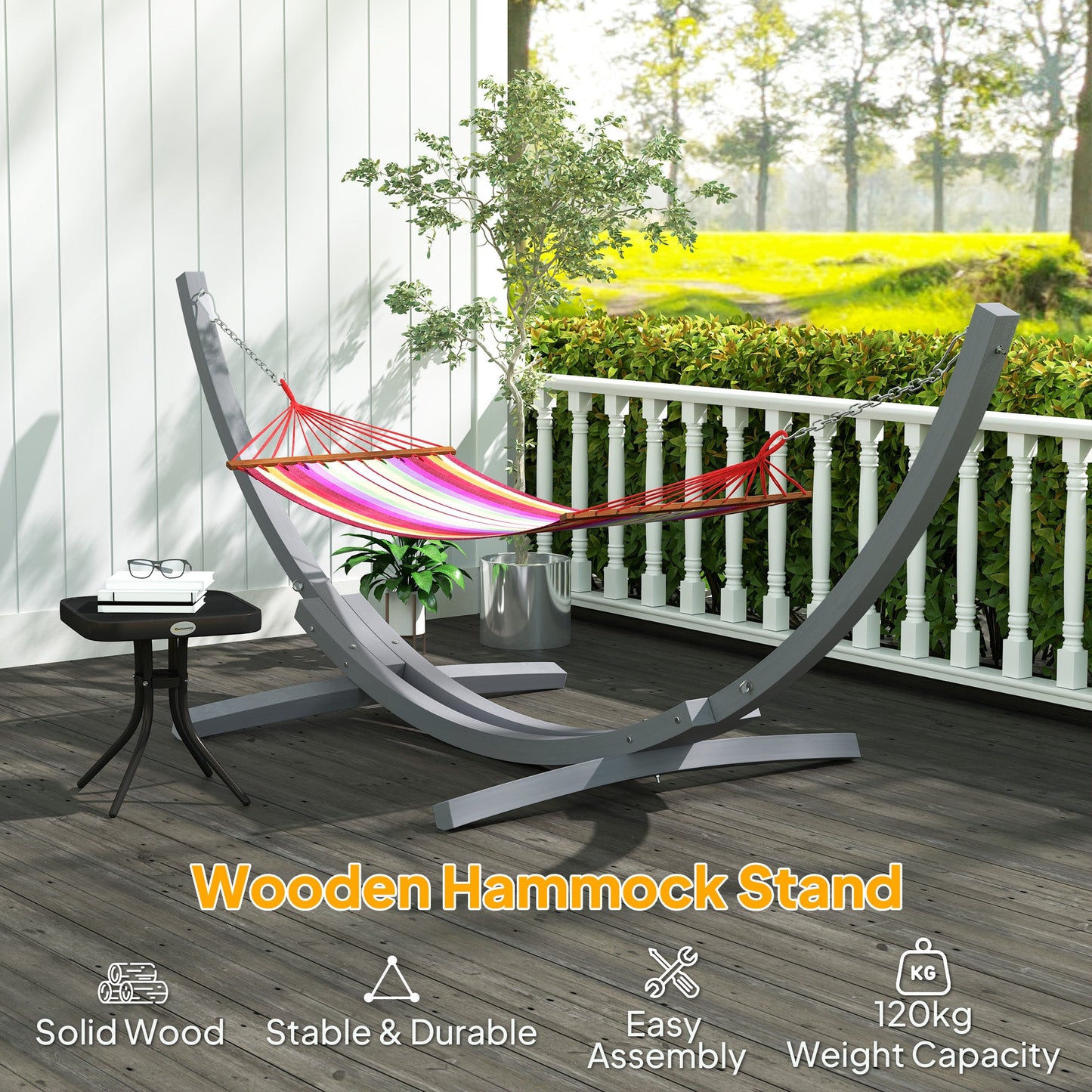 3(m) Wooden Hammock Stand, 1 Person Hammock Frame with Chain and Safety Buckles, Pine Wood Arc Stand for Garden, Patio, Outdoor and Indoor, Grey