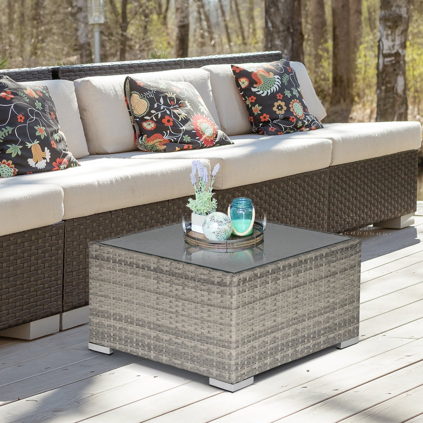 Patio Rattan Coffee Table Ready to Use Outdoor Furniture Suitable for Garden Backyard, Grey