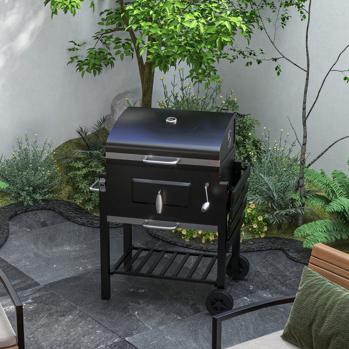 Charcoal Grill BBQ Trolley with Adjustable Charcoal Grate, Garden Metal Smoker Barbecue with Shelf, Side Table, Wheels, Built-in Thermometer, Bottle Opener