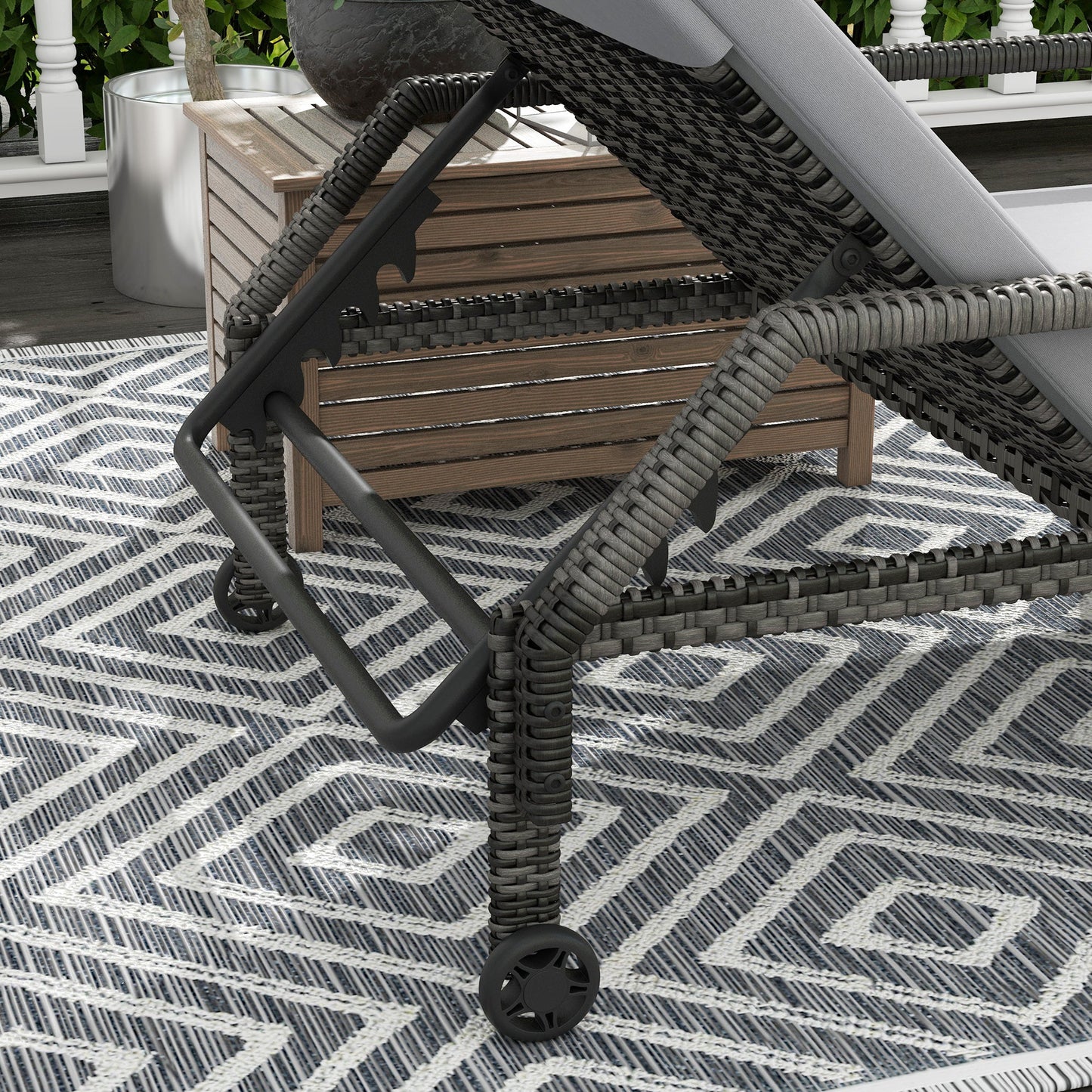 Outdoor PE Rattan Sun Lounger, 5-Level Adjustable Backrest Wicker Outdoor Chaise Recliner, Garden Chair with 2 Wheels, Grey