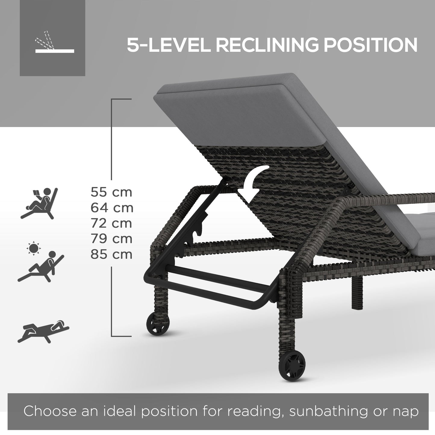 Outdoor PE Rattan Sun Lounger, 5-Level Adjustable Backrest Wicker Outdoor Chaise Recliner, Garden Chair with 2 Wheels, Grey