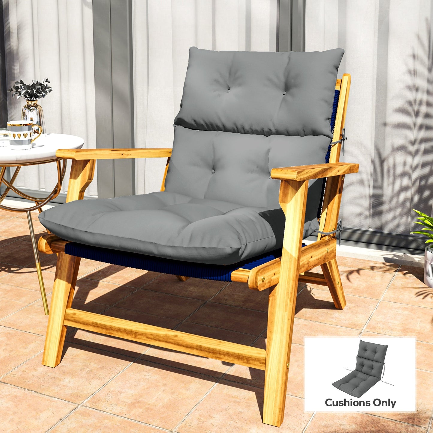 Tufted Adirondack Chair Cushion, Thick Garden Seat Cushion Pad with Backrest, Rocking Chair Cushion with Ties for Outdoor and Indoor Use, Light Grey
