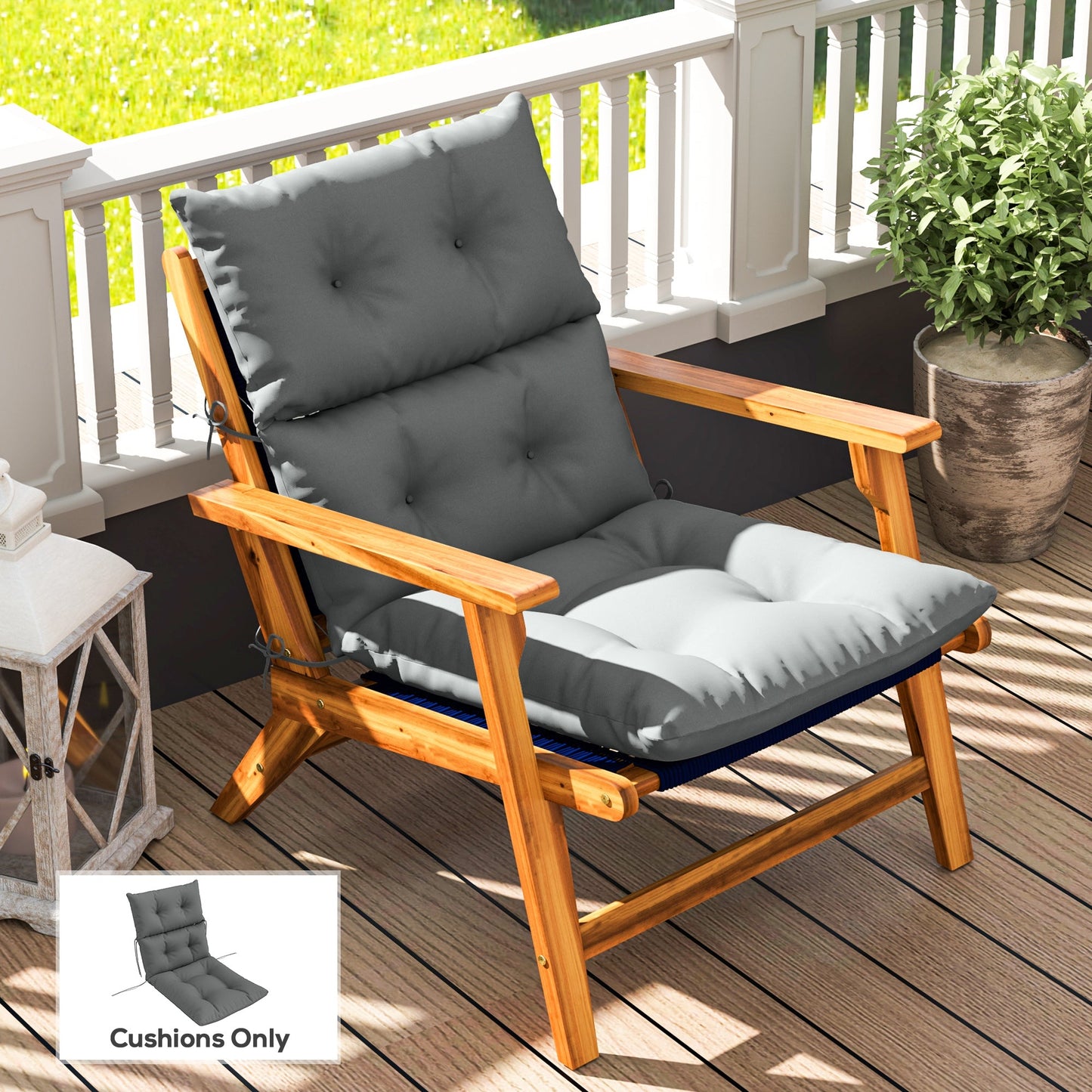 Tufted Adirondack Chair Cushion, Thick Garden Seat Cushion Pad with Backrest, Rocking Chair Cushion with Ties for Outdoor and Indoor Use, Light Grey