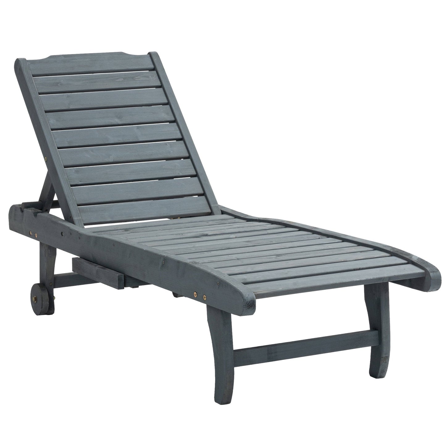 Garden Patio Sun Lounger, Outdoor Wooden Sun Bed with Built-In Table, Reclining Backrest and Rolling Wheels for Sunbathing, Grey