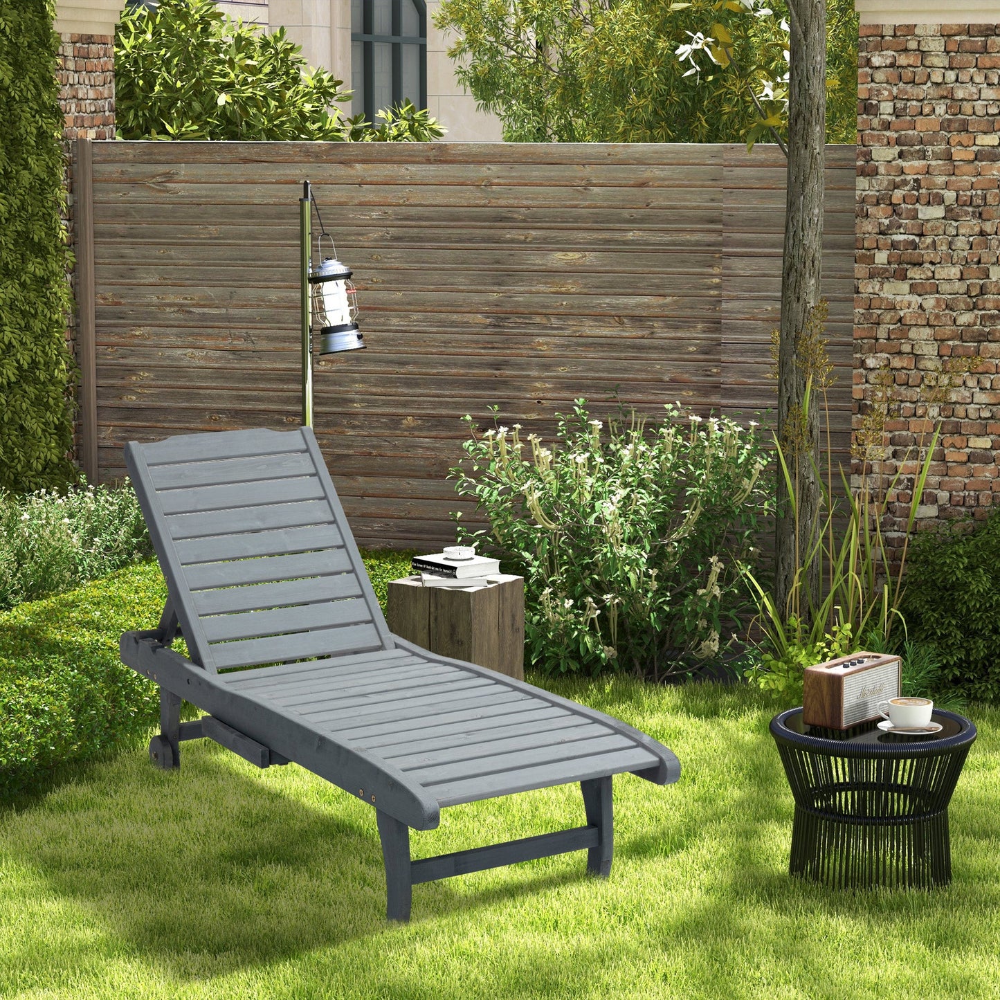 Garden Patio Sun Lounger, Outdoor Wooden Sun Bed with Built-In Table, Reclining Backrest and Rolling Wheels for Sunbathing, Grey