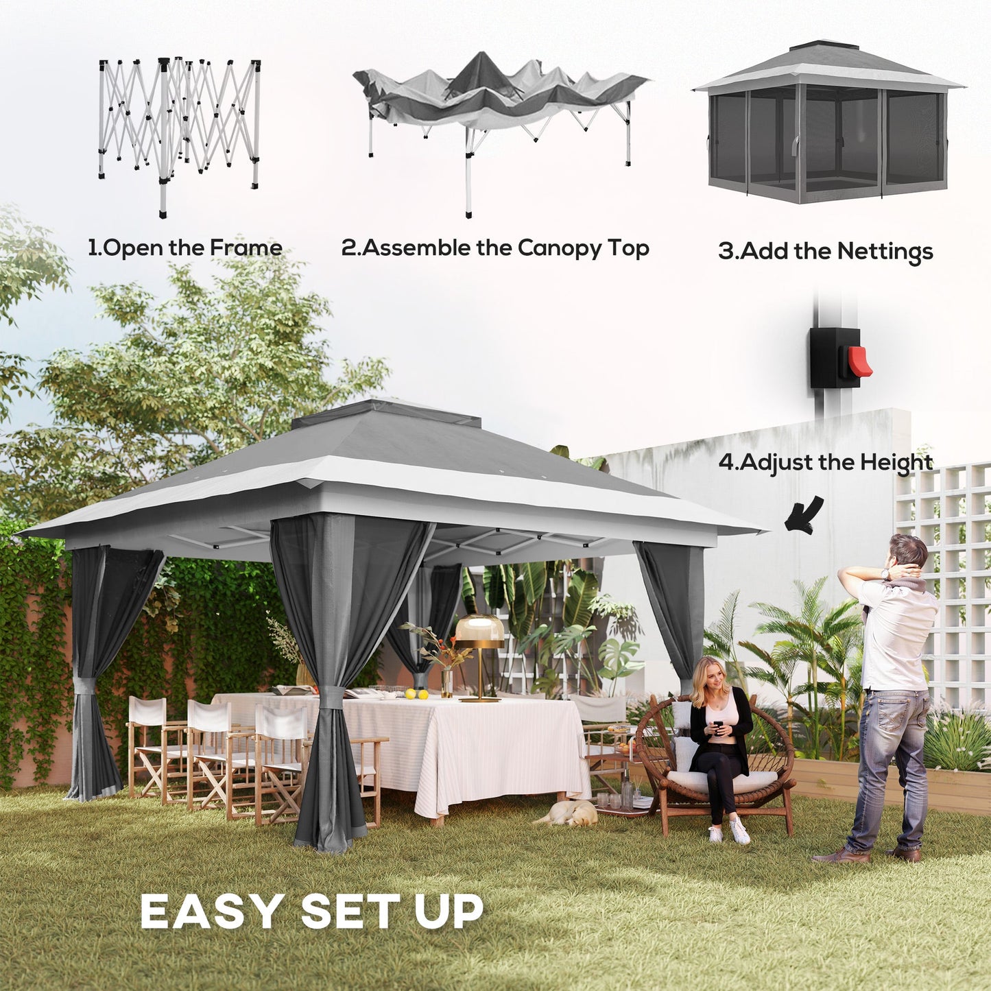 3.6 x 3.6m Pop Up Gazebo with Mesh Sides, UPF50+ Height Adjustable Party Tent Instant Event Shelter with Wheeled Carry Bag and Sand Bags for Garden, Patio, Dark Grey