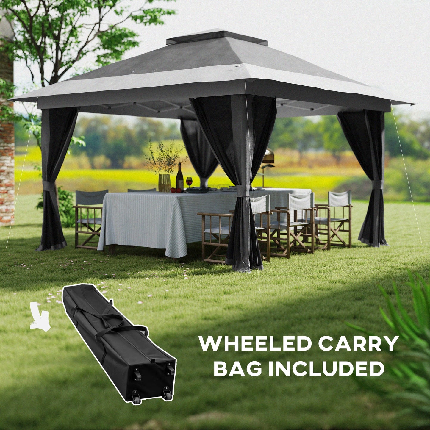 3.6 x 3.6m Pop Up Gazebo with Mesh Sides, UPF50+ Height Adjustable Party Tent Instant Event Shelter with Wheeled Carry Bag and Sand Bags for Garden, Patio, Dark Grey