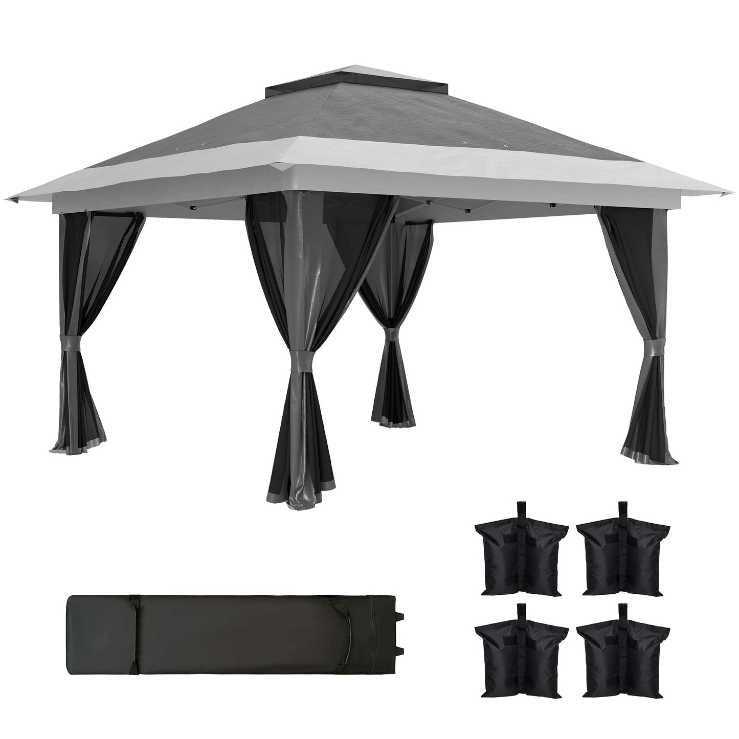 3.6 x 3.6m Pop Up Gazebo with Mesh Sides, UPF50+ Height Adjustable Party Tent Instant Event Shelter with Wheeled Carry Bag and Sand Bags for Garden, Patio, Dark Grey