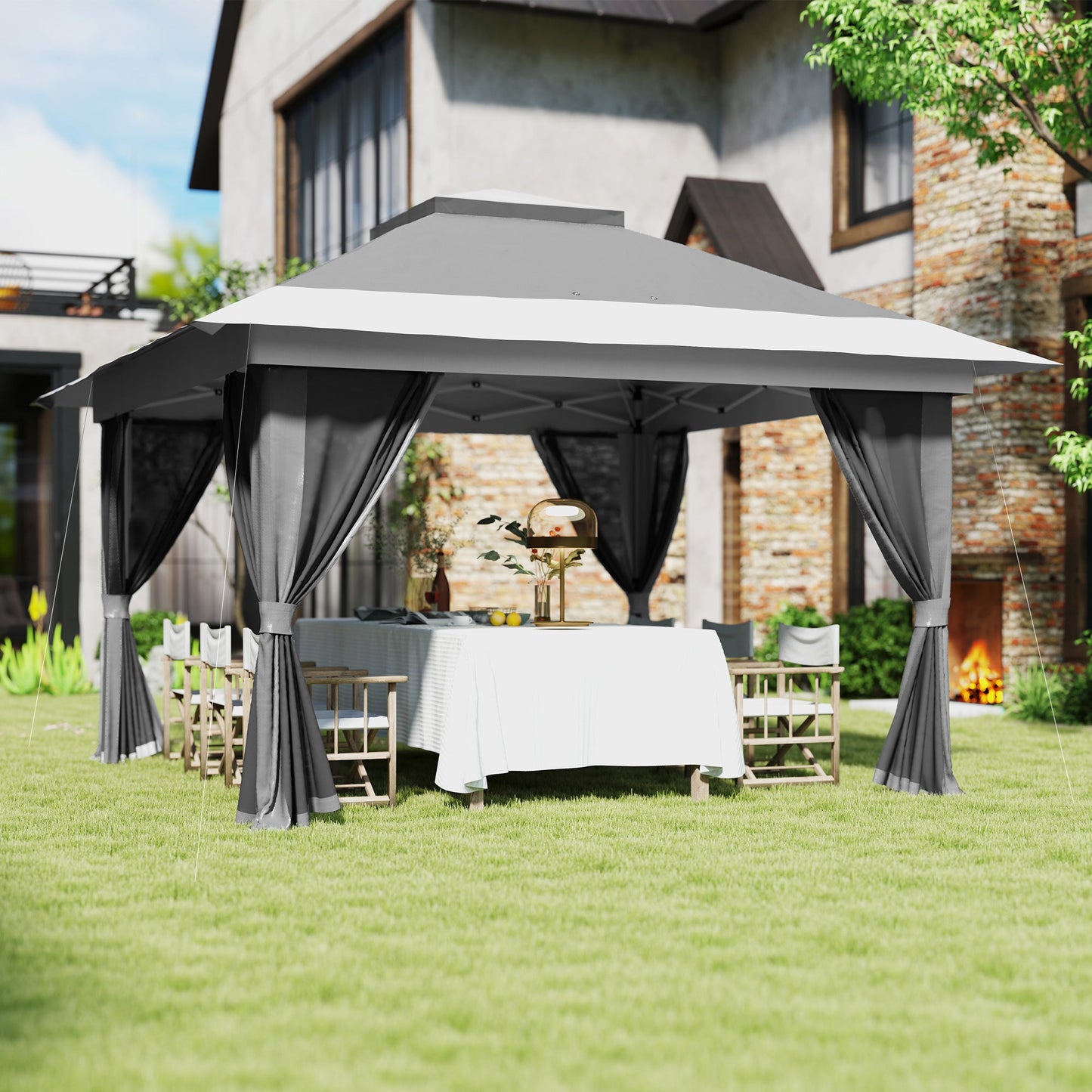 3.6 x 3.6m Pop Up Gazebo with Mesh Sides, UPF50+ Height Adjustable Party Tent Instant Event Shelter with Wheeled Carry Bag and Sand Bags for Garden, Patio, Dark Grey