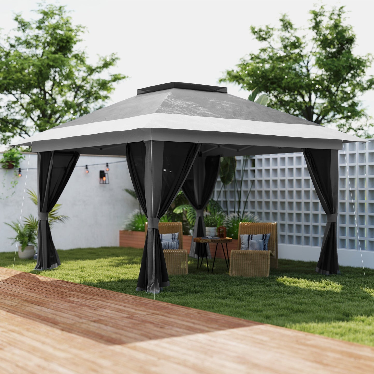 3.6 x 3.6m Pop Up Gazebo with Mesh Sides, UPF50+ Height Adjustable Party Tent Instant Event Shelter with Wheeled Carry Bag and Sand Bags for Garden, Patio, Dark Grey