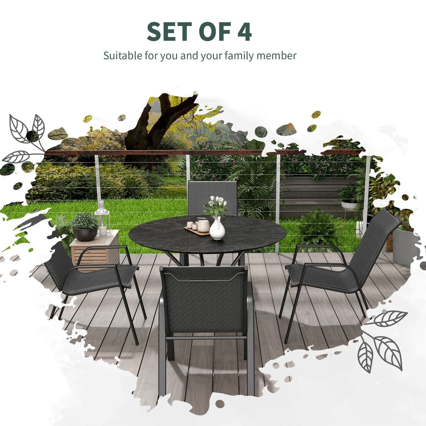 Stackable Outdoor Chairs Set of 4, Rattan Garden Chairs with Armrests and Backrest for Deck, Grey