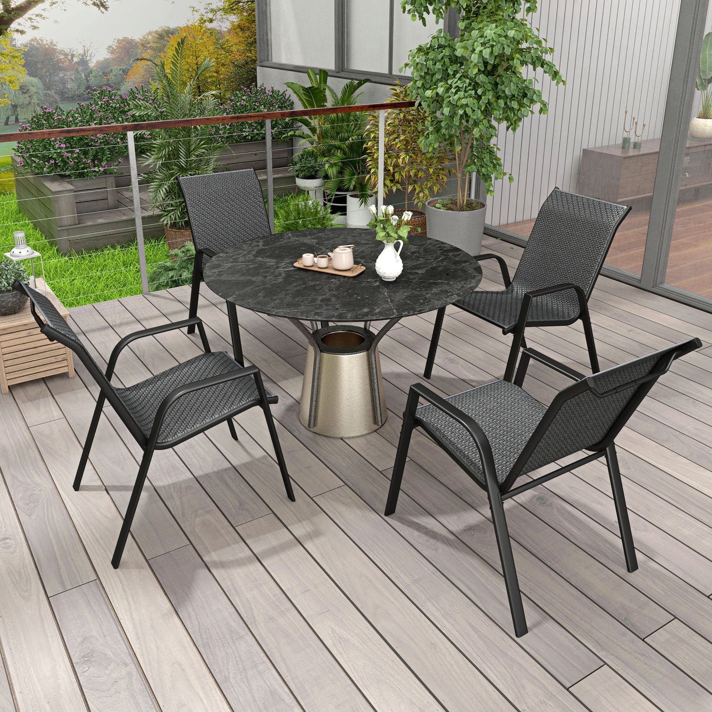 Stackable Outdoor Chairs Set of 4, Rattan Garden Chairs with Armrests and Backrest for Deck, Grey