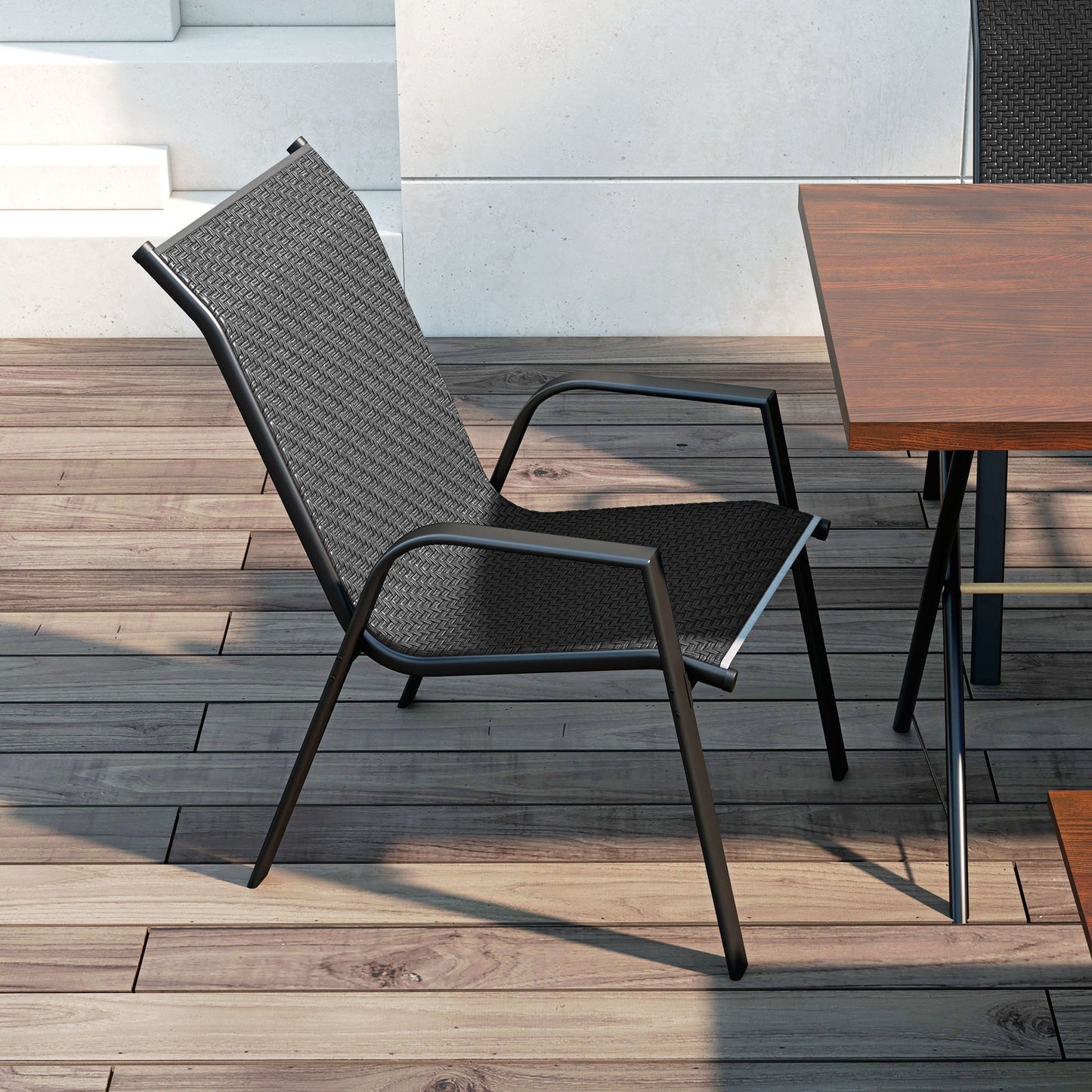 Stackable Outdoor Chairs Set of 4, Rattan Garden Chairs with Armrests and Backrest for Deck, Grey