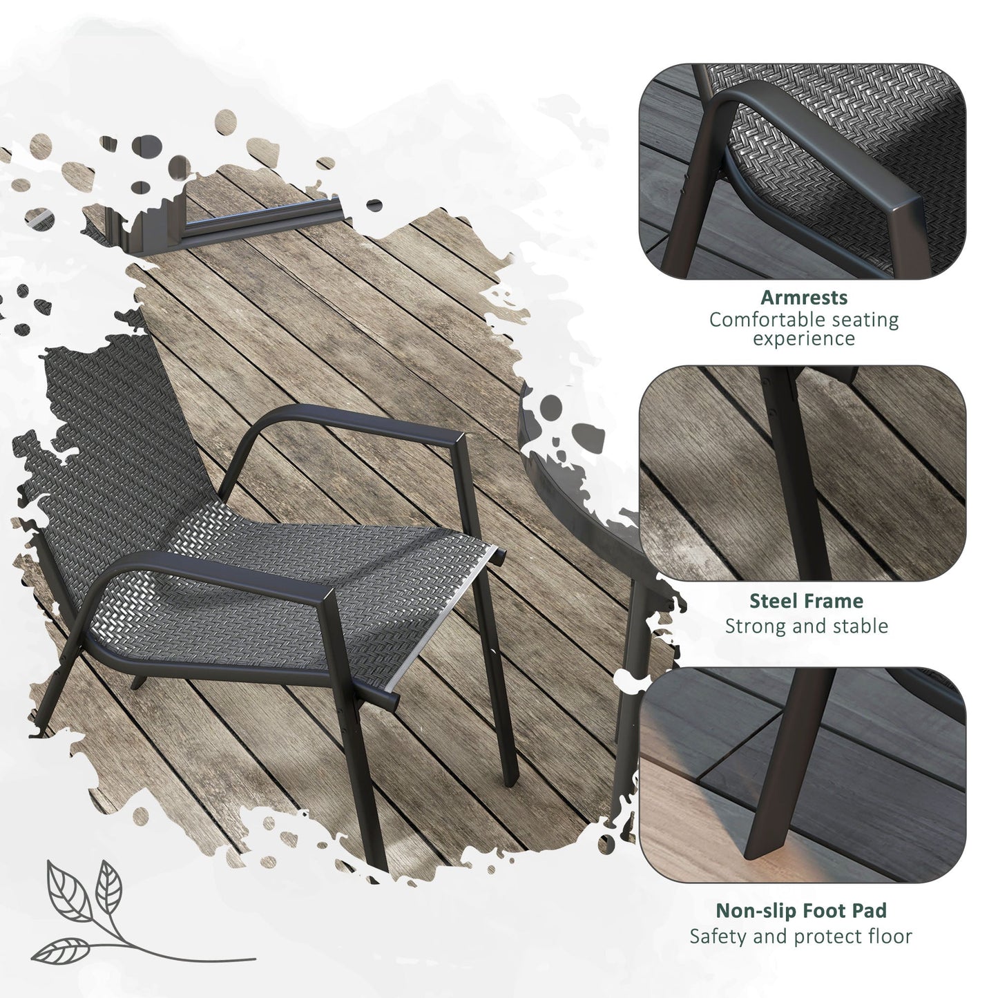 Stackable Outdoor Chairs Set of 4, Rattan Garden Chairs with Armrests and Backrest for Deck, Grey