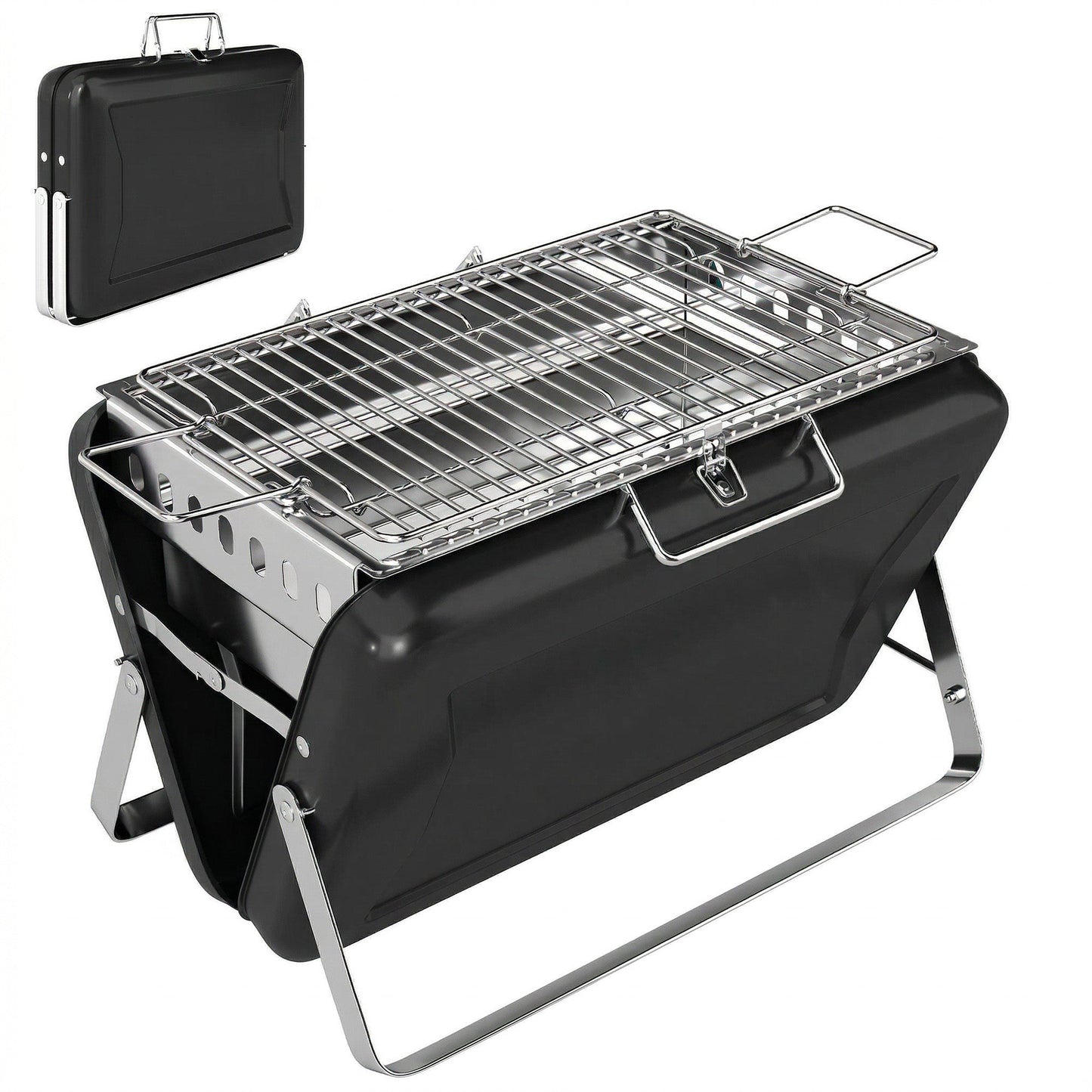 Portable BBQ Grill, Folding Charcoal Barbecue Grill with Handle and Foldable Legs for Camping Garden Outdoor Cooking, Black