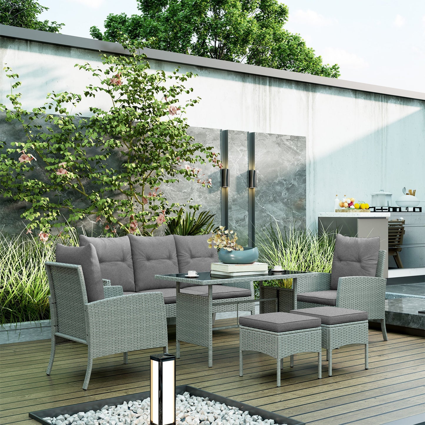 5 Seater Rattan Garden Furniture Set, 2 Armchairs, 3-Seater Wicker Sofa, 2 Footstools and Glass Table, 6 Piece Patio Rattan furniture Sofa Sets with Cushions for Conservatory, Grey