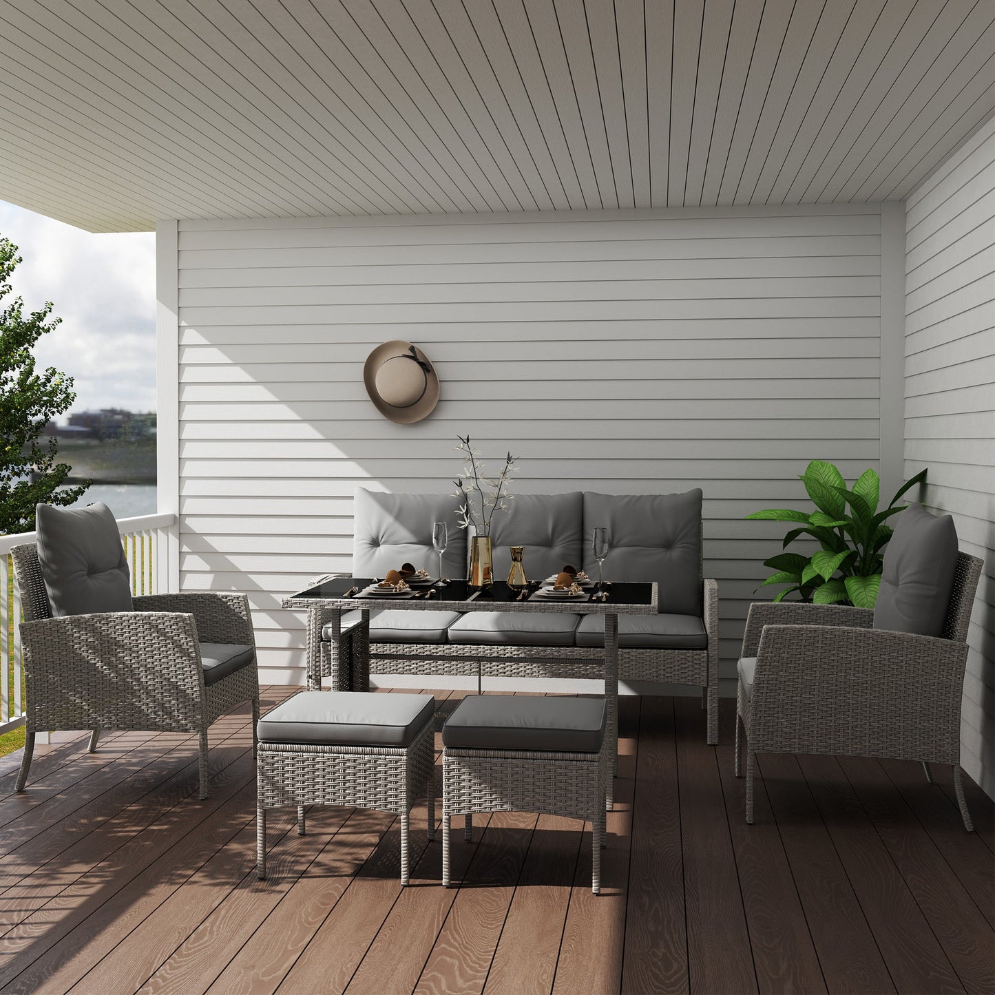 5 Seater Rattan Garden Furniture Set, 2 Armchairs, 3-Seater Wicker Sofa, 2 Footstools and Glass Table, 6 Piece Patio Rattan furniture Sofa Sets with Cushions for Conservatory, Grey