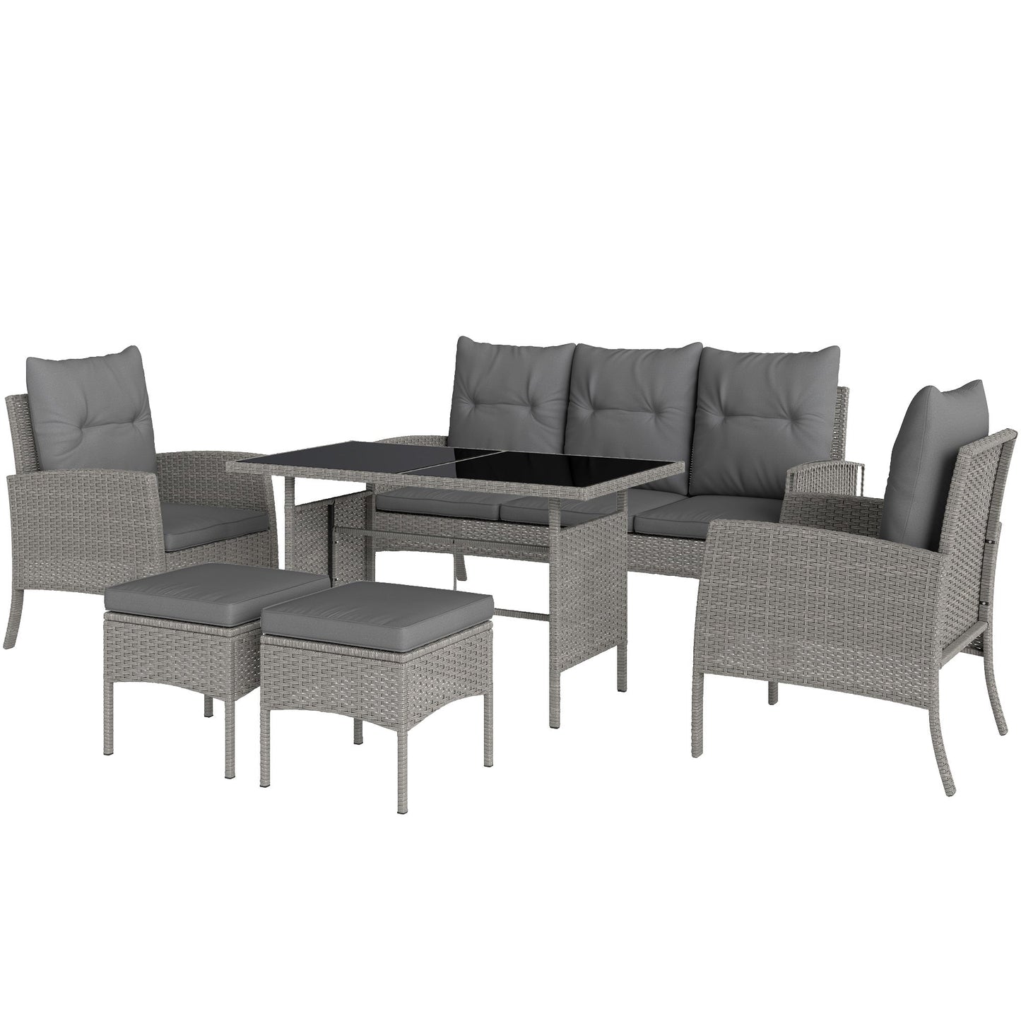 5 Seater Rattan Garden Furniture Set, 2 Armchairs, 3-Seater Wicker Sofa, 2 Footstools and Glass Table, 6 Piece Patio Rattan furniture Sofa Sets with Cushions for Conservatory, Grey