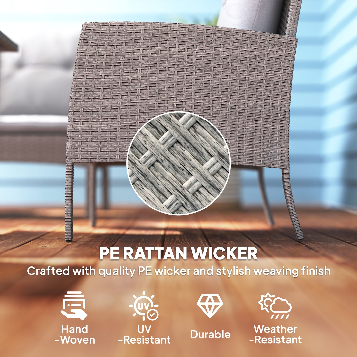 5 Seater Rattan Garden Furniture Set, 2 Armchairs, 3-Seater Wicker Sofa, 2 Footstools and Glass Table, 6 Piece Patio Rattan furniture Sofa Sets with Cushions for Conservatory, Grey