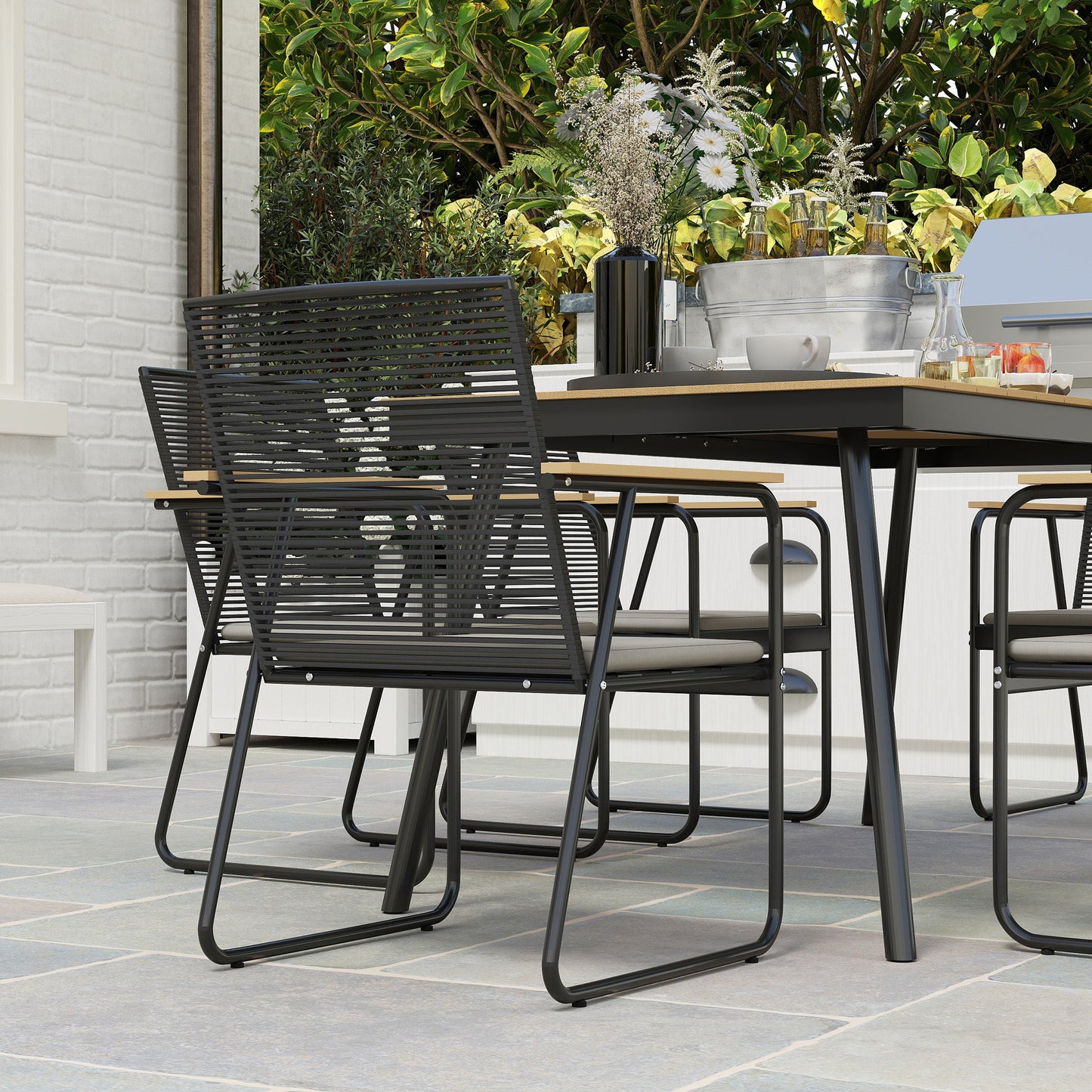 6 Seater Garden Dining Set with Soft Cushions, Rattan Backrest, Rectangular Plastic Top, Garden Furniture Set, Outdoor Dining Table and Chairs for Patio, Balcony, Poolside, Nature Wood Finish
