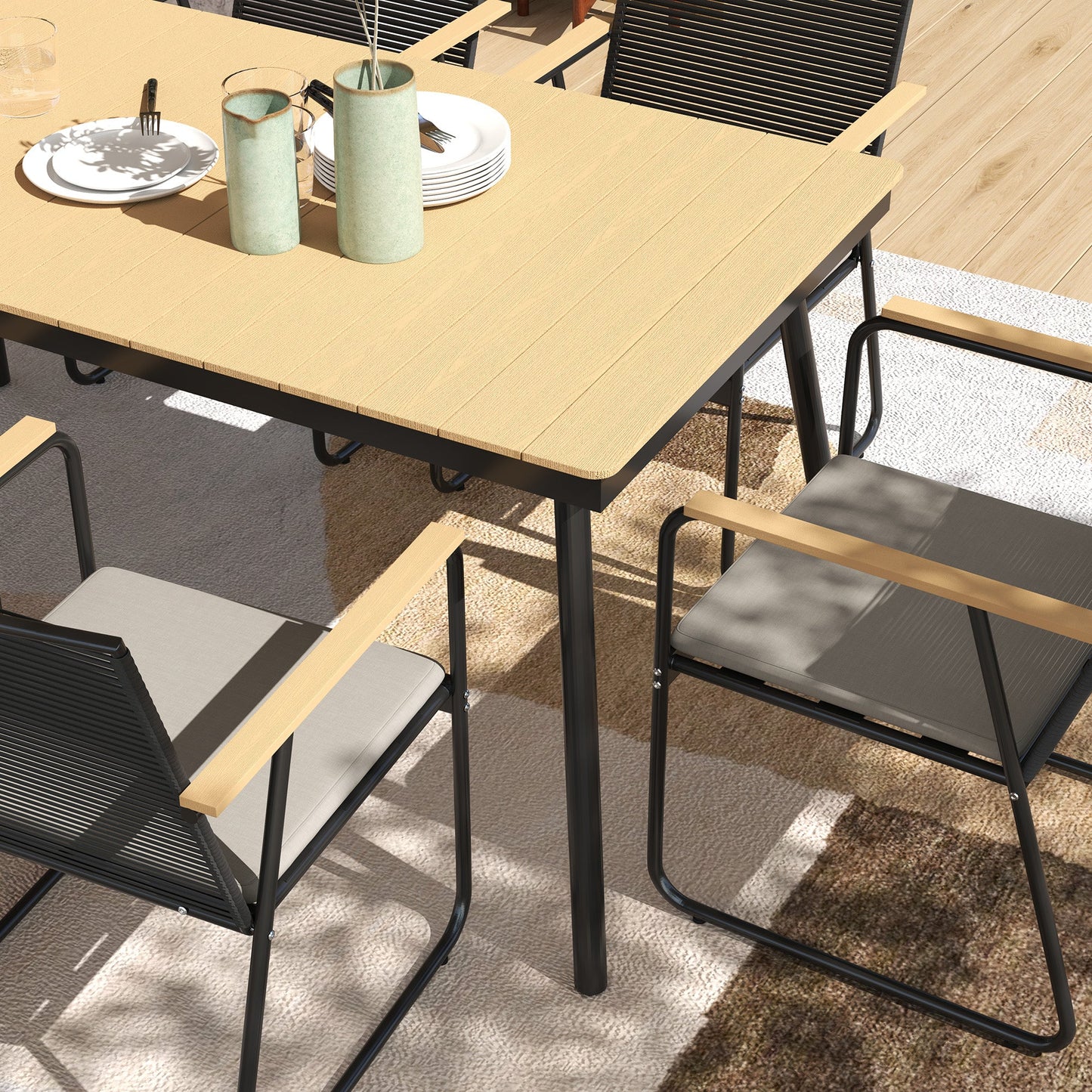 6 Seater Garden Dining Set with Soft Cushions, Rattan Backrest, Rectangular Plastic Top, Garden Furniture Set, Outdoor Dining Table and Chairs for Patio, Balcony, Poolside, Nature Wood Finish