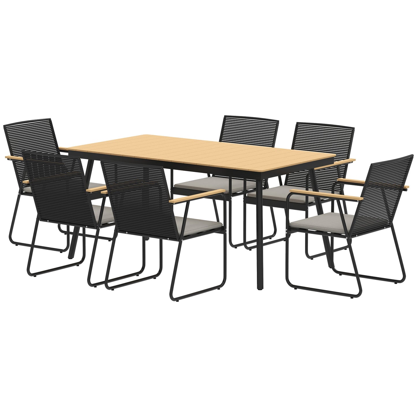 6 Seater Garden Dining Set with Soft Cushions, Rattan Backrest, Rectangular Plastic Top, Garden Furniture Set, Outdoor Dining Table and Chairs for Patio, Balcony, Poolside, Nature Wood Finish