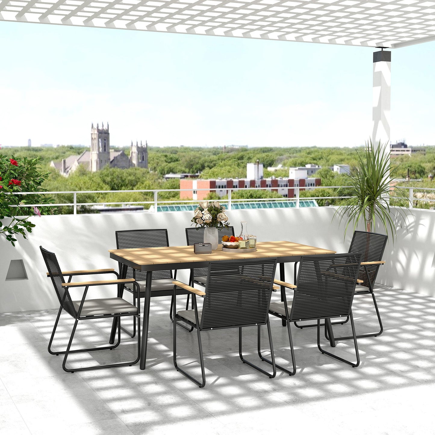 6 Seater Garden Dining Set with Soft Cushions, Rattan Backrest, Rectangular Plastic Top, Garden Furniture Set, Outdoor Dining Table and Chairs for Patio, Balcony, Poolside, Nature Wood Finish