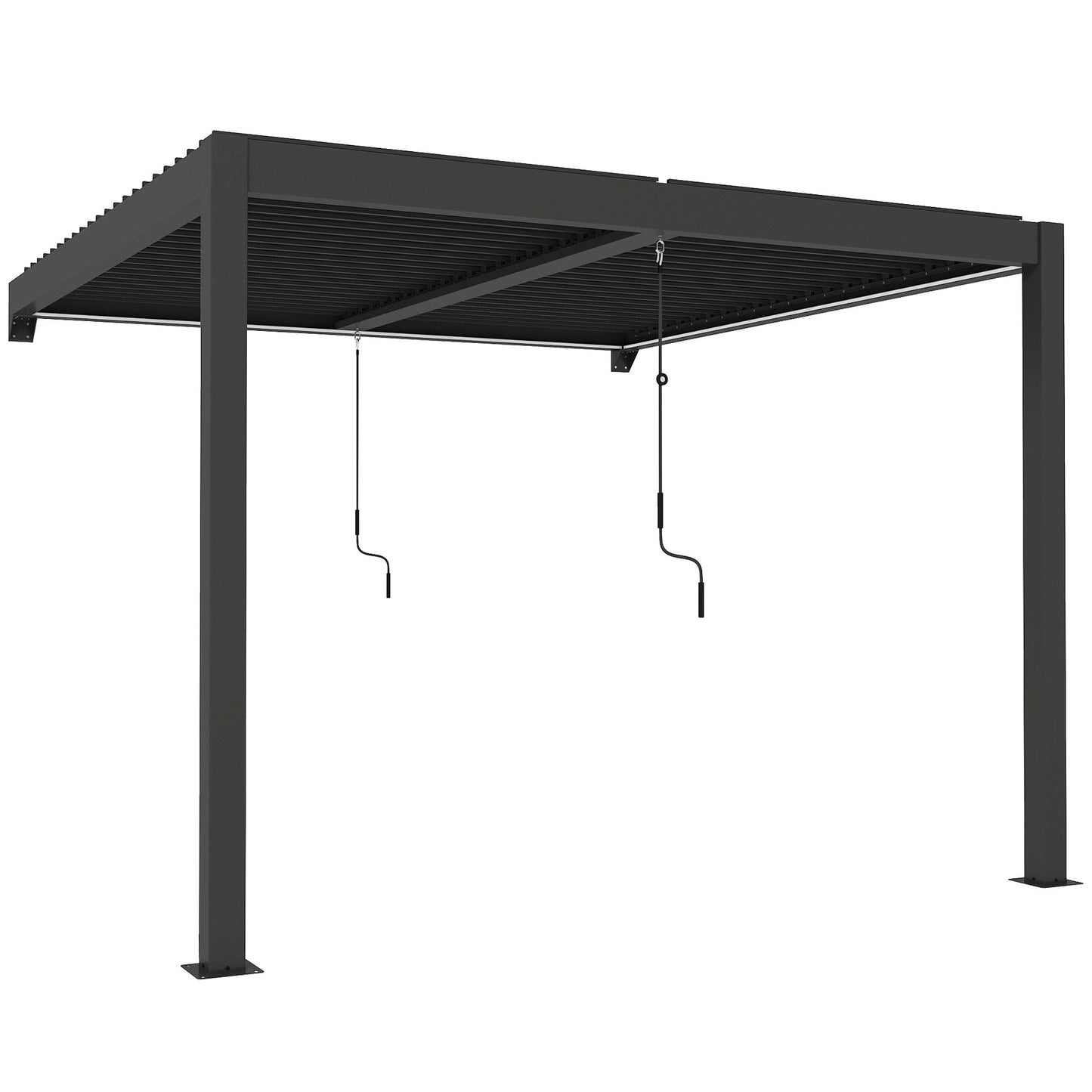 3 x 3 m Louvered Pergola with LED Lights, Adjustable Metal Louvred Roof, Wall Mounted Patio Gazebo Pergola Canopy with Aluminium Frame, Drainage Gutters for Garden Outdoor, Dark Grey