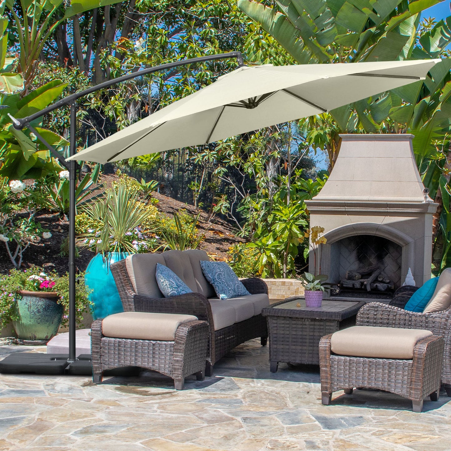 3(m) Garden Banana Parasol Cantilever Umbrella with Crank Handle, Cross Base, Weights and Cover for Outdoor, Hanging Sun Shade, Beige