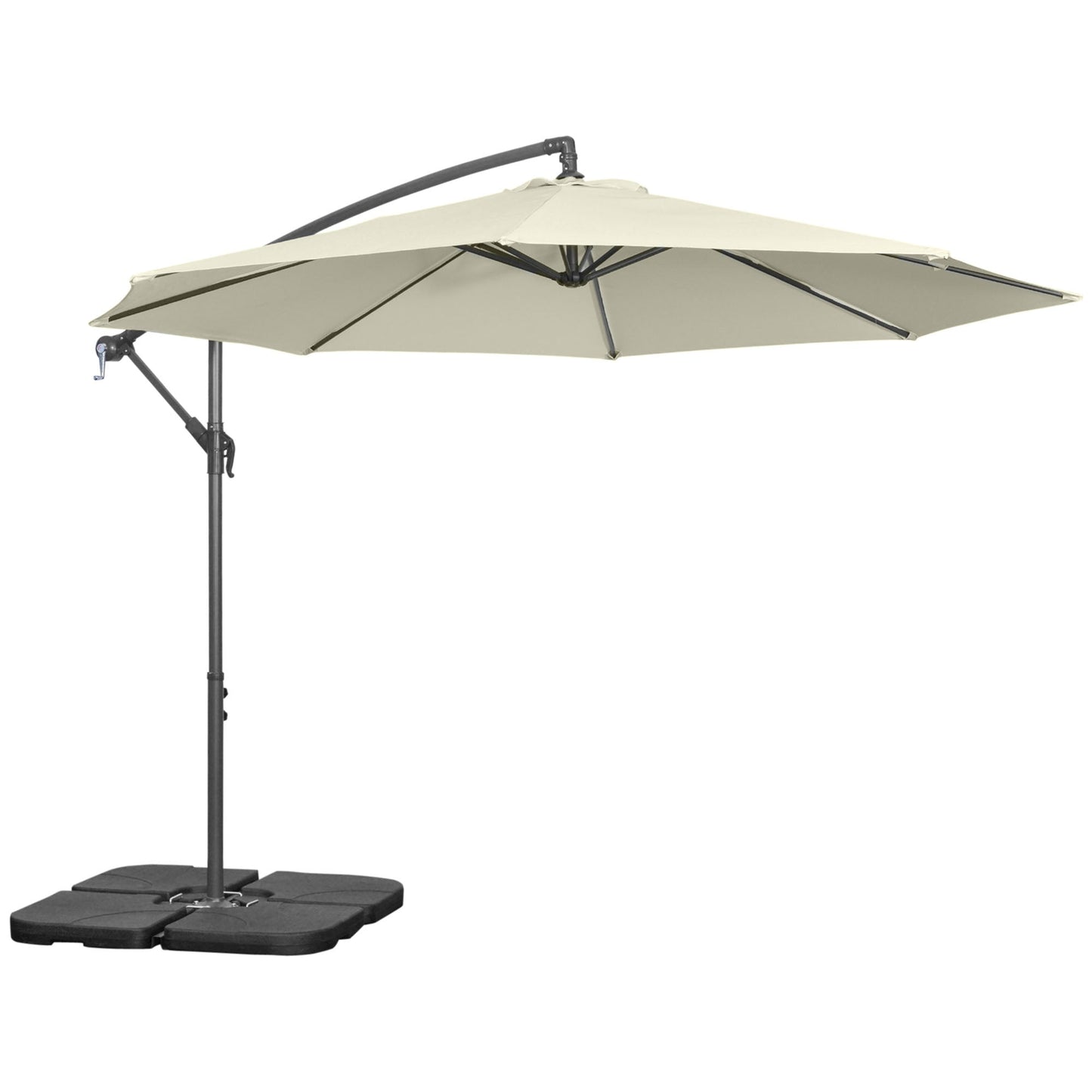 3(m) Garden Banana Parasol Cantilever Umbrella with Crank Handle, Cross Base, Weights and Cover for Outdoor, Hanging Sun Shade, Beige