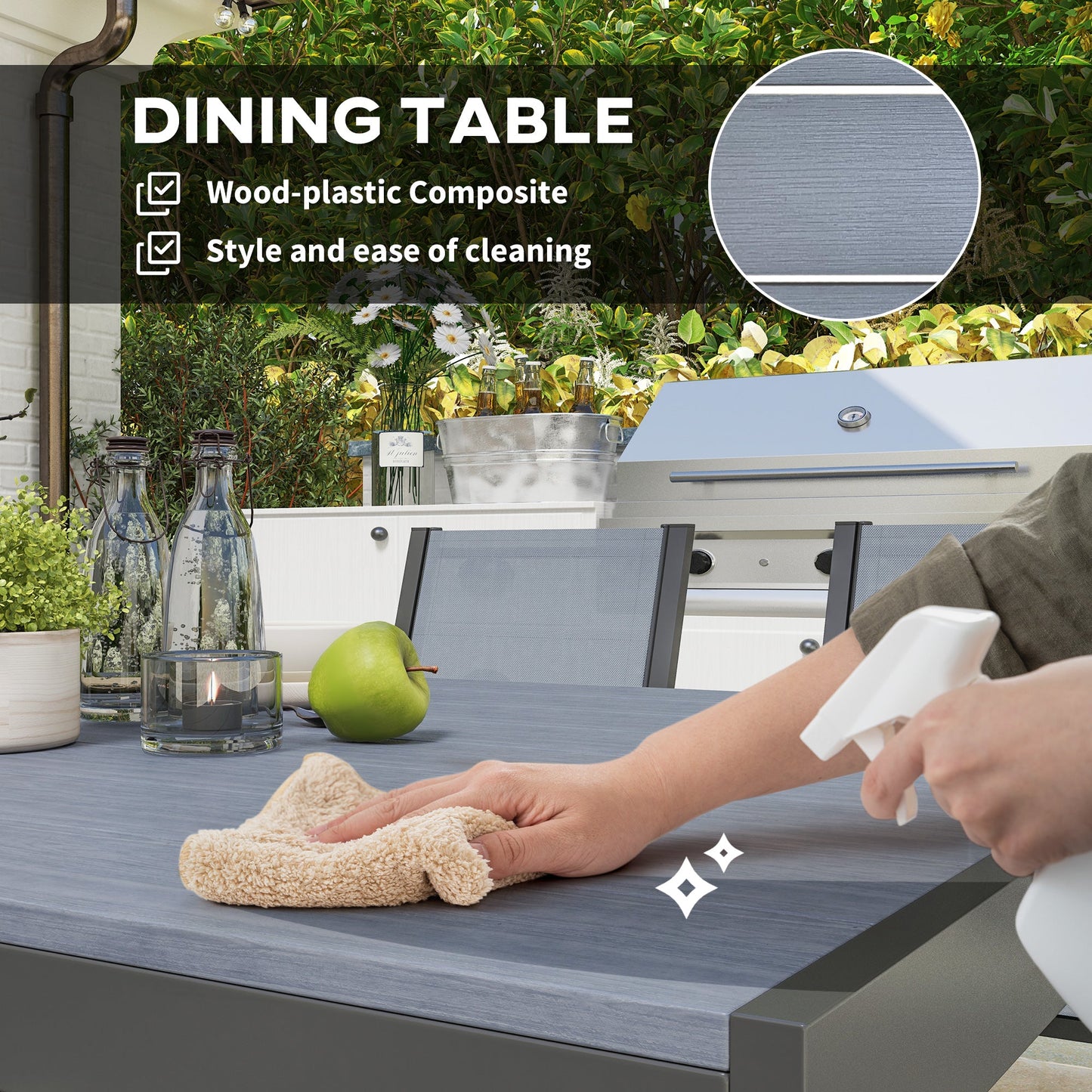 6 Seater Garden Dining Set with Stackable Armchairs, WPC Top Dining Table, Outdoor Table and Chairs, Garden Furniture Set, Light Grey