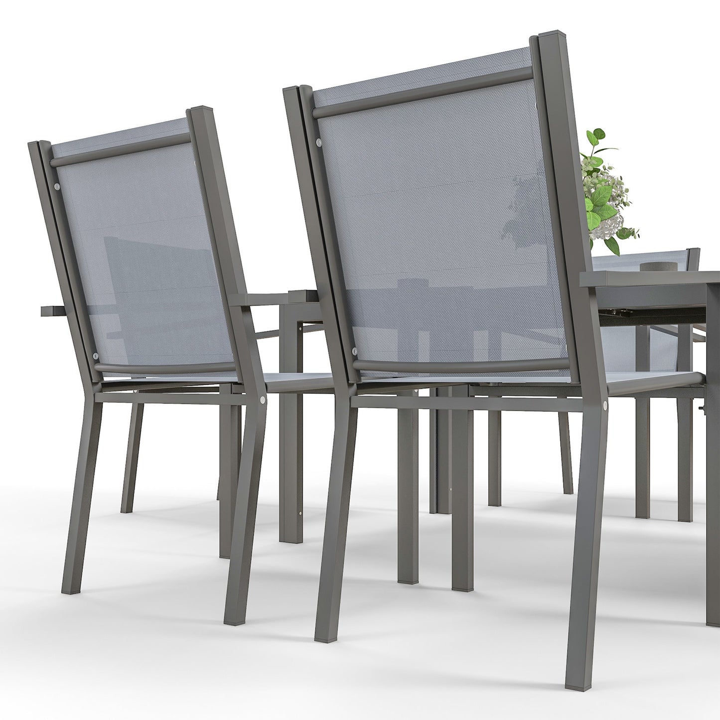 6 Seater Garden Dining Set with Stackable Armchairs, WPC Top Dining Table, Outdoor Table and Chairs, Garden Furniture Set, Light Grey