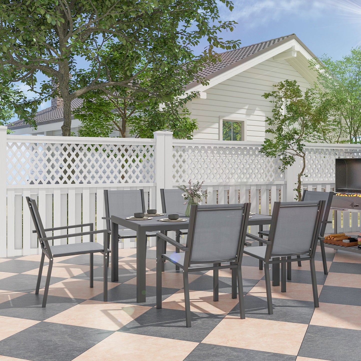 6 Seater Garden Dining Set with Stackable Armchairs, WPC Top Dining Table, Outdoor Table and Chairs, Garden Furniture Set, Light Grey