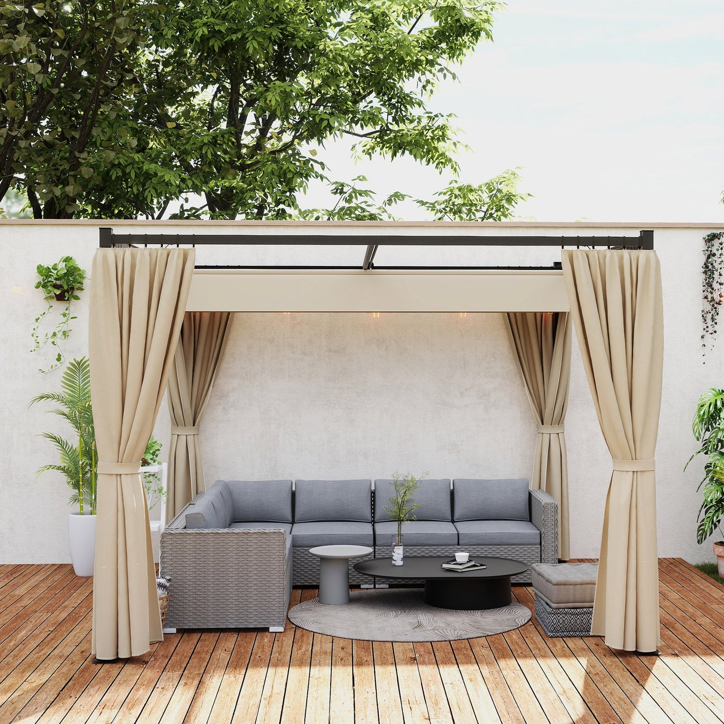 3 x 3(m) Pergola with Retractable Roof Canopy and Curtains, Metal Frame Garden Gazebo Outdoor Sun Shade Shelter for Grill, Patio, Deck, Beige