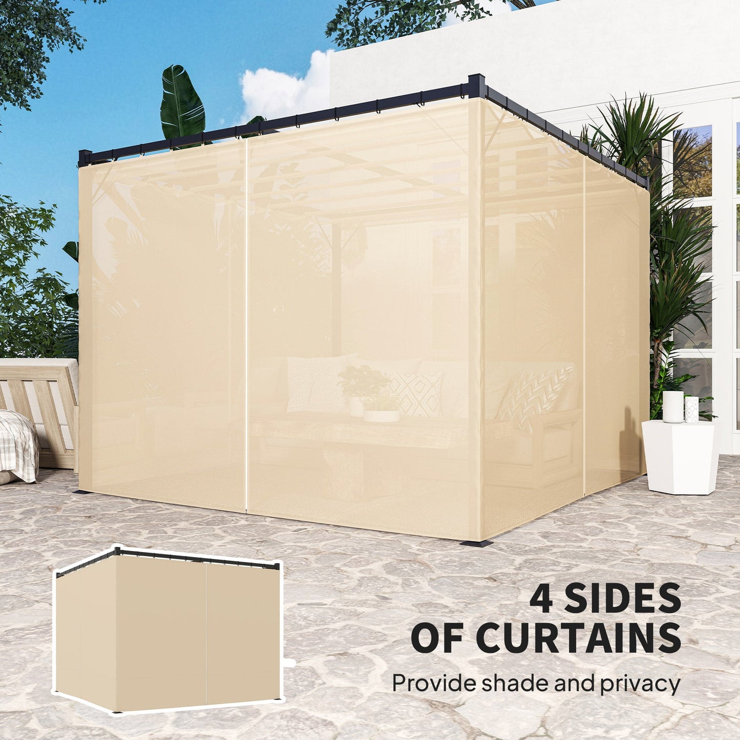 3 x 3(m) Pergola with Retractable Roof Canopy and Curtains, Metal Frame Garden Gazebo Outdoor Sun Shade Shelter for Grill, Patio, Deck, Beige