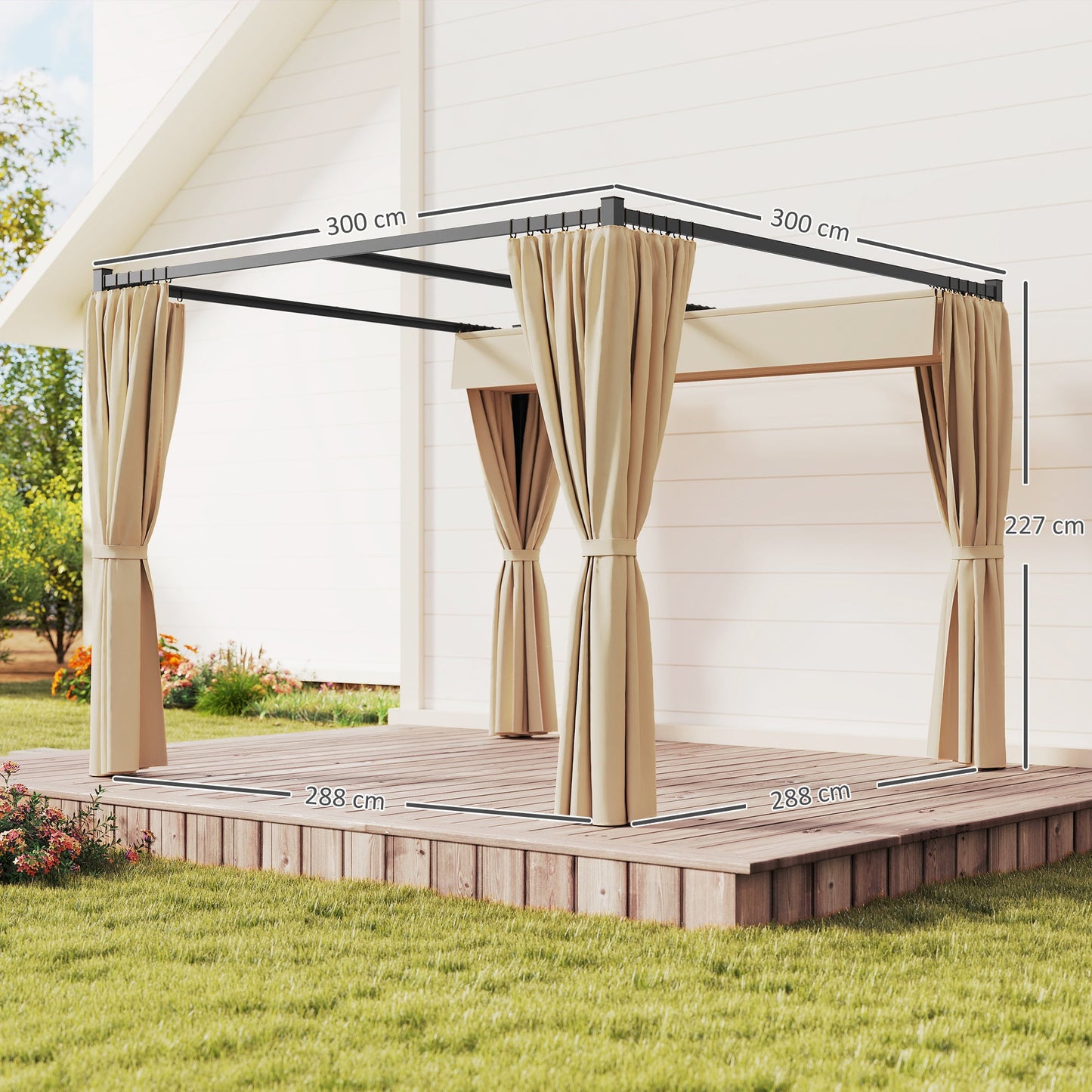 3 x 3(m) Pergola with Retractable Roof Canopy and Curtains, Metal Frame Garden Gazebo Outdoor Sun Shade Shelter for Grill, Patio, Deck, Beige