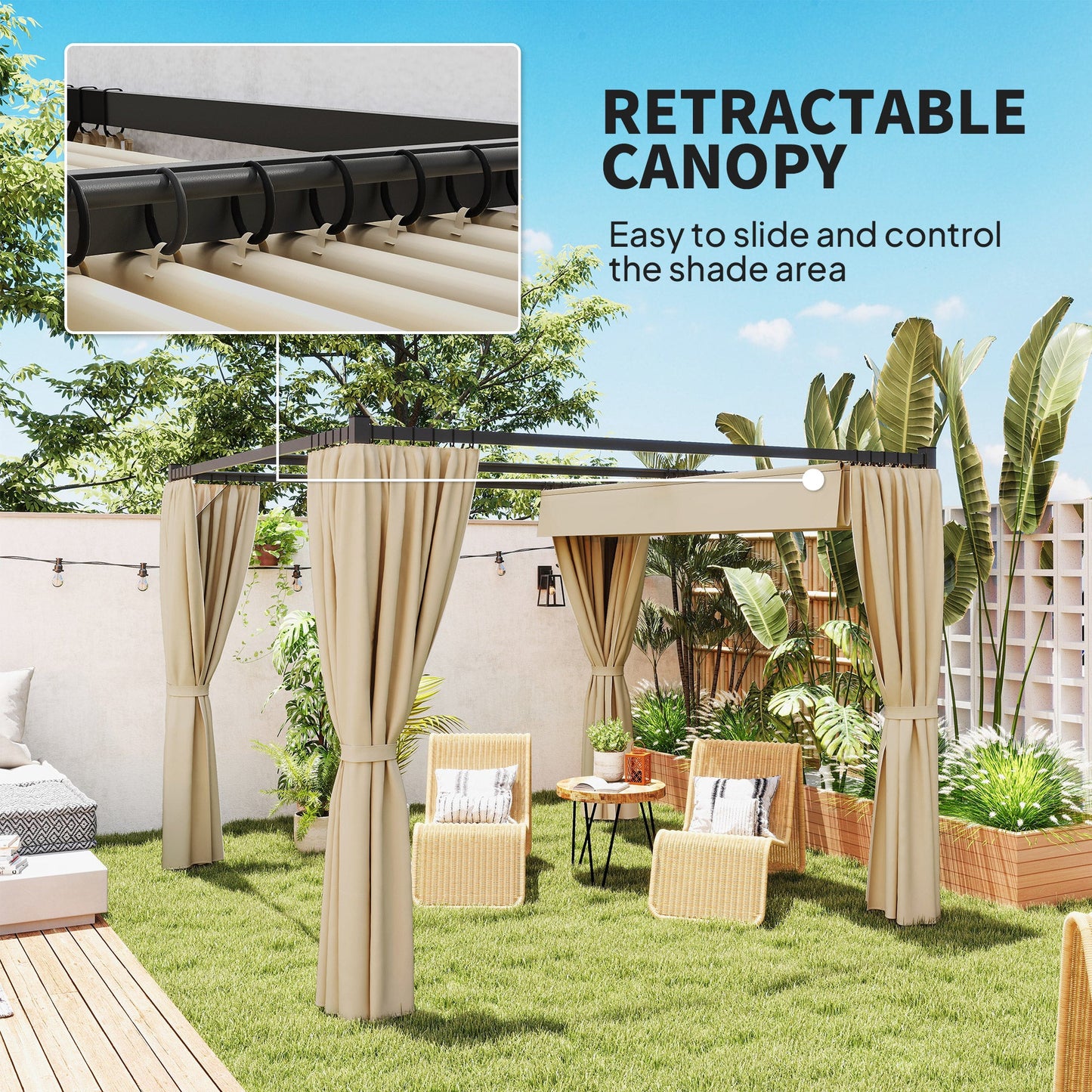 3 x 3(m) Pergola with Retractable Roof Canopy and Curtains, Metal Frame Garden Gazebo Outdoor Sun Shade Shelter for Grill, Patio, Deck, Beige