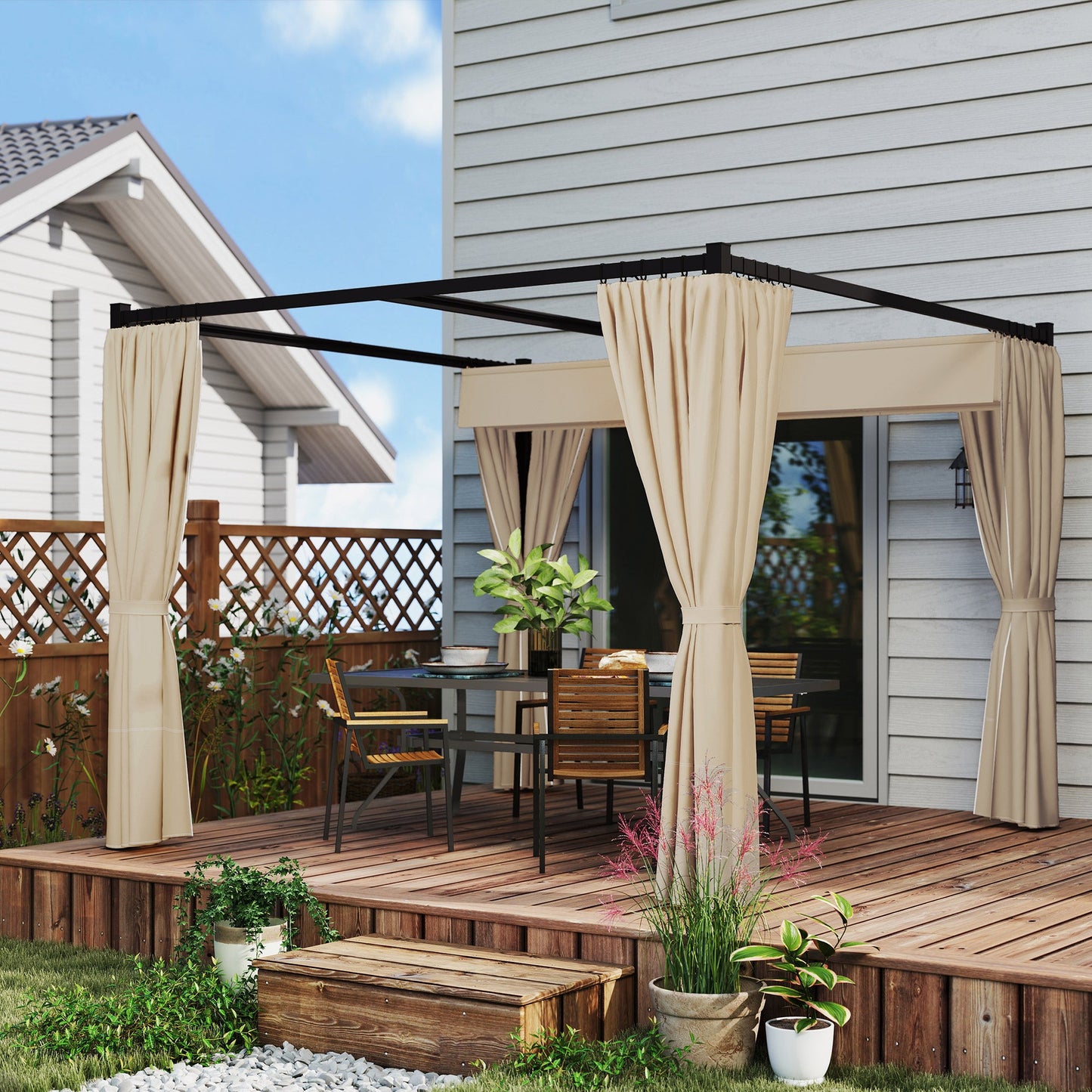3 x 3(m) Pergola with Retractable Roof Canopy and Curtains, Metal Frame Garden Gazebo Outdoor Sun Shade Shelter for Grill, Patio, Deck, Beige