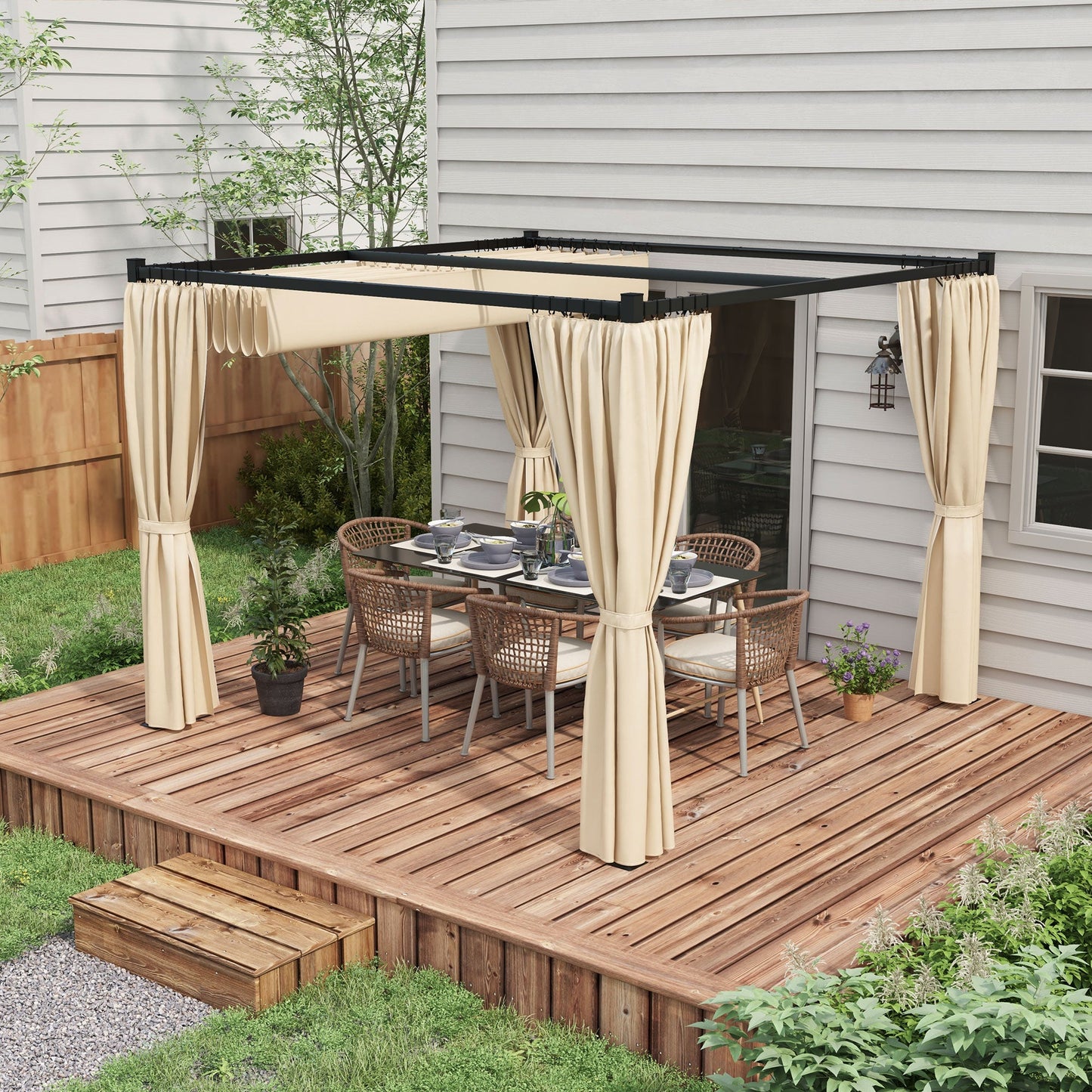 3 x 3(m) Pergola with Retractable Roof Canopy and Curtains, Metal Frame Garden Gazebo Outdoor Sun Shade Shelter for Grill, Patio, Deck, Beige