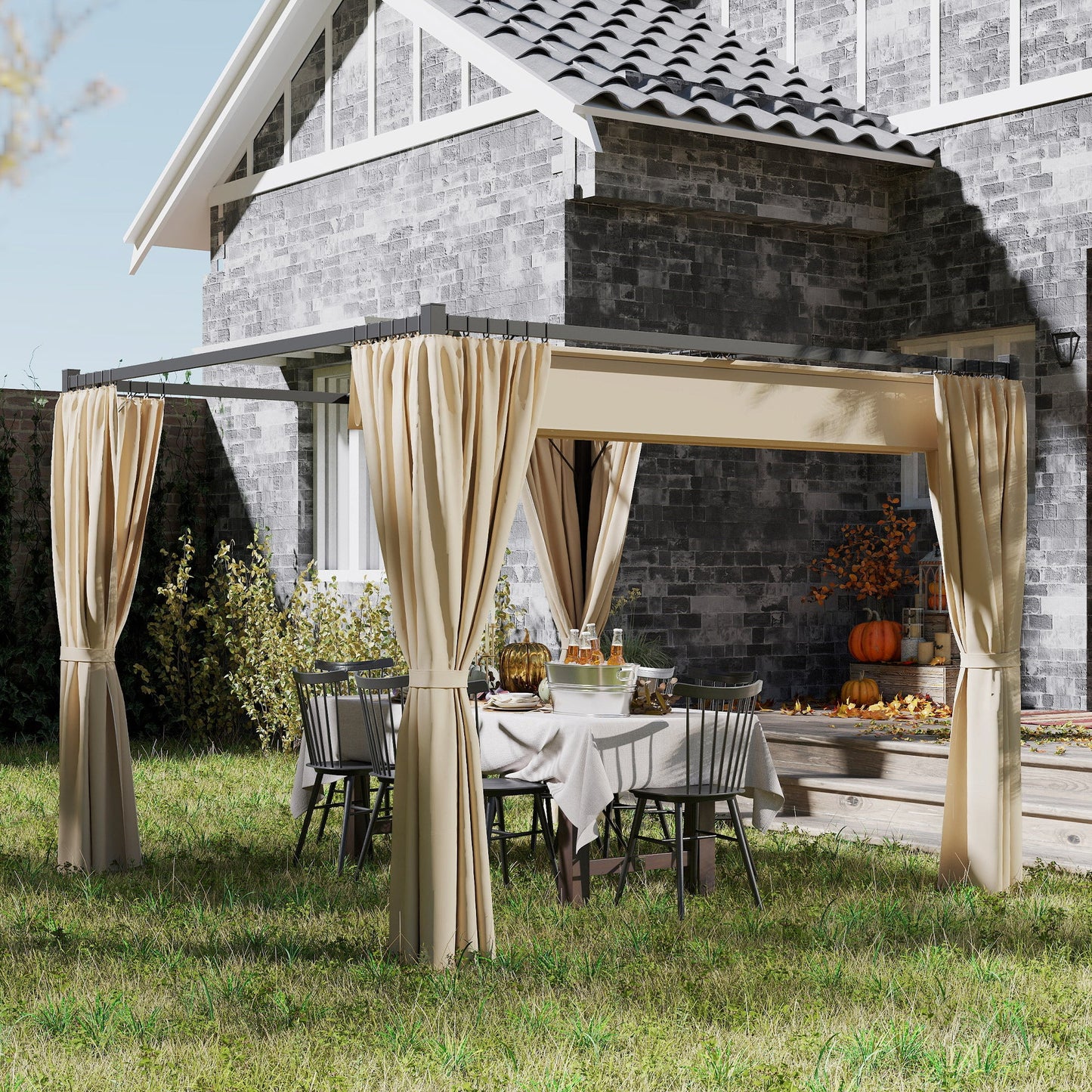3 x 3(m) Pergola with Retractable Roof Canopy and Curtains, Metal Frame Garden Gazebo Outdoor Sun Shade Shelter for Grill, Patio, Deck, Beige
