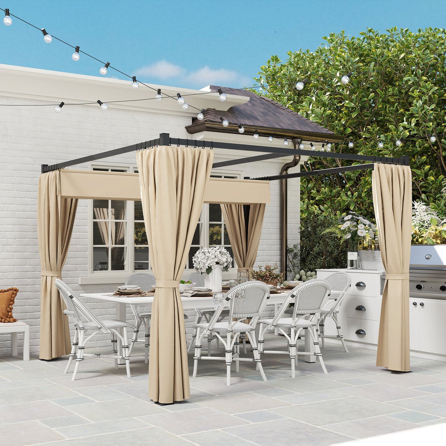 3 x 3(m) Pergola with Retractable Roof Canopy and Curtains, Metal Frame Garden Gazebo Outdoor Sun Shade Shelter for Grill, Patio, Deck, Beige