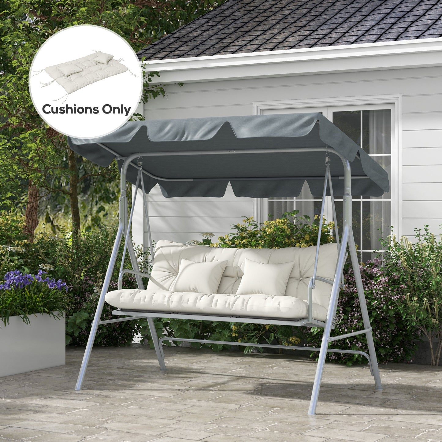 Outdoor Seat Cushions Back Cushion with 2 Pillows, Water Repellent Seat Pads for 3-Seater Chair, Swing, Sofa, CUSHIONS ONLY, NO SWING, White