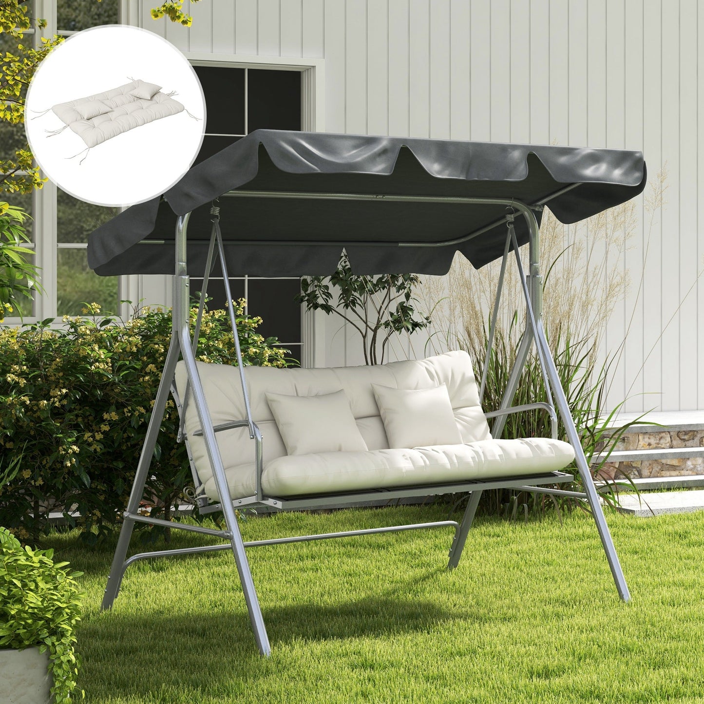 Outdoor Seat Cushions Back Cushion with 2 Pillows, Water Repellent Seat Pads for 3-Seater Chair, Swing, Sofa, CUSHIONS ONLY, NO SWING, White