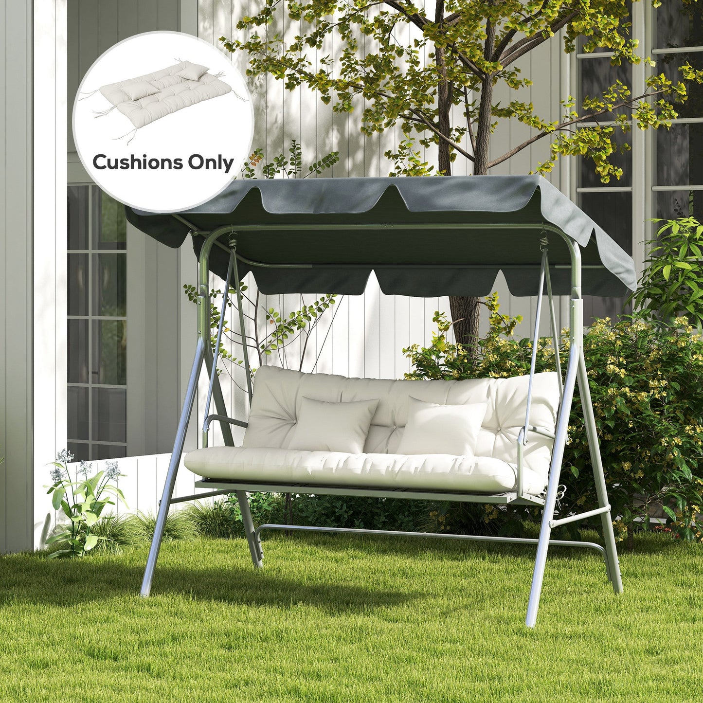 Outdoor Seat Cushions Back Cushion with 2 Pillows, Water Repellent Seat Pads for 3-Seater Chair, Swing, Sofa, CUSHIONS ONLY, NO SWING, White
