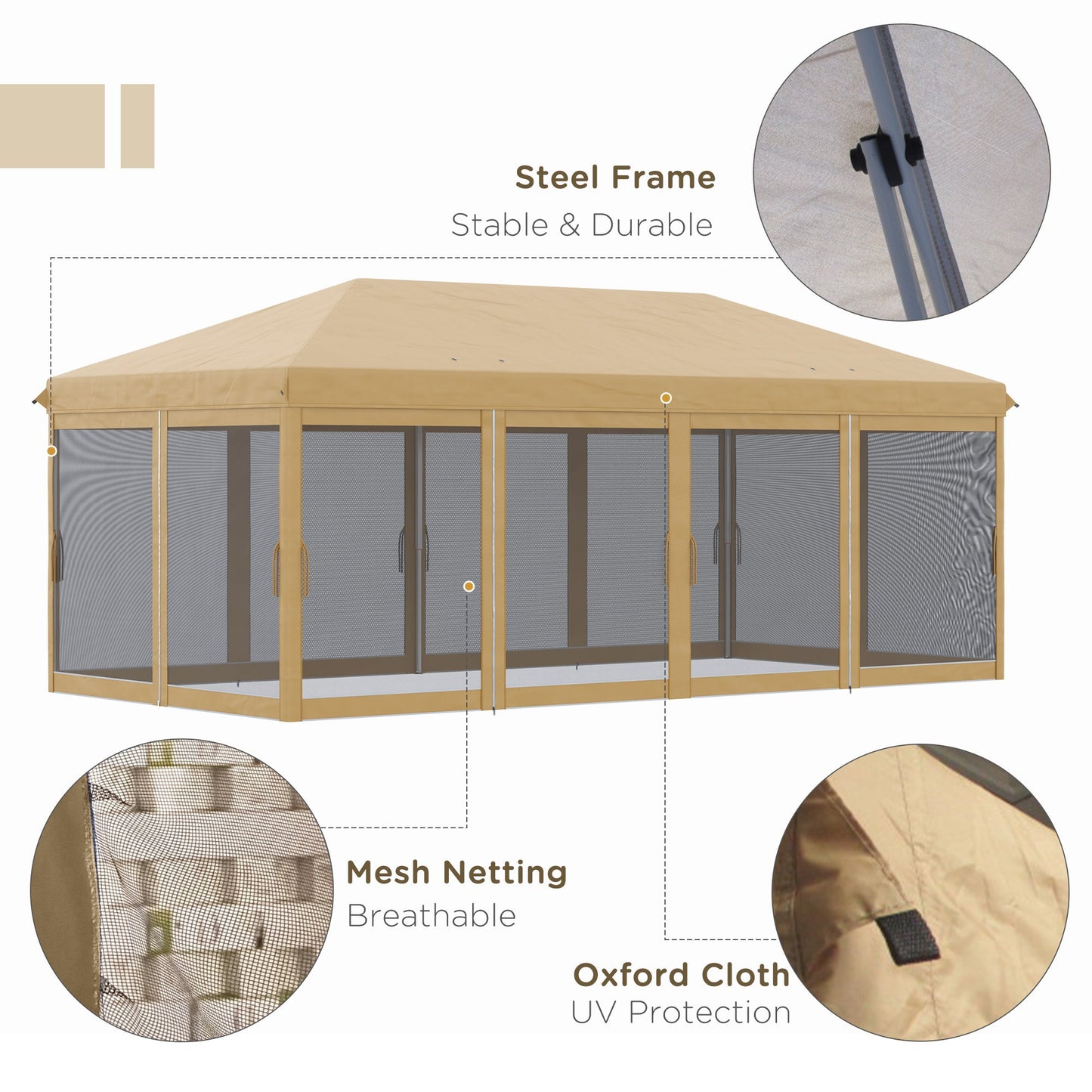 3 x 6m Pop Up Gazebo, Outdoor Canopy Shelter, Marquee Party Wedding Tent with 6 Mesh Walls and Carry Bag, Beige