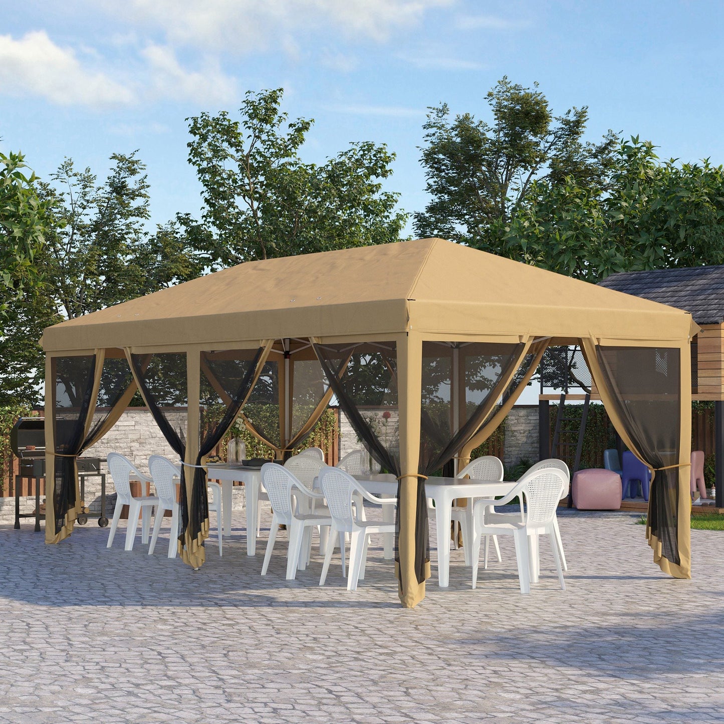 3 x 6m Pop Up Gazebo, Outdoor Canopy Shelter, Marquee Party Wedding Tent with 6 Mesh Walls and Carry Bag, Beige