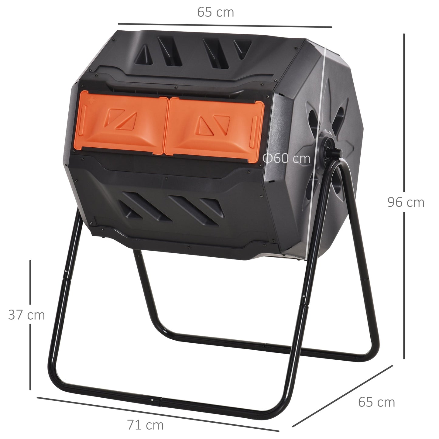 160L Tumbling Compost Bin Outdoor Dual Chamber 360° Rotating Composter, Garden Compost Bin w/ Sliding Doors & Solid Steel Frame, Orange