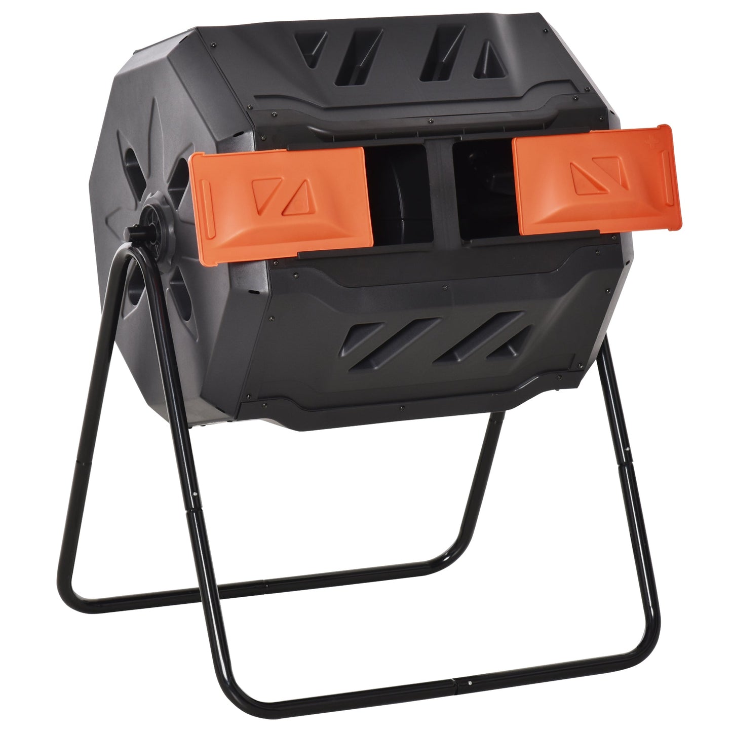 160L Tumbling Compost Bin Outdoor Dual Chamber 360° Rotating Composter, Garden Compost Bin w/ Sliding Doors & Solid Steel Frame, Orange