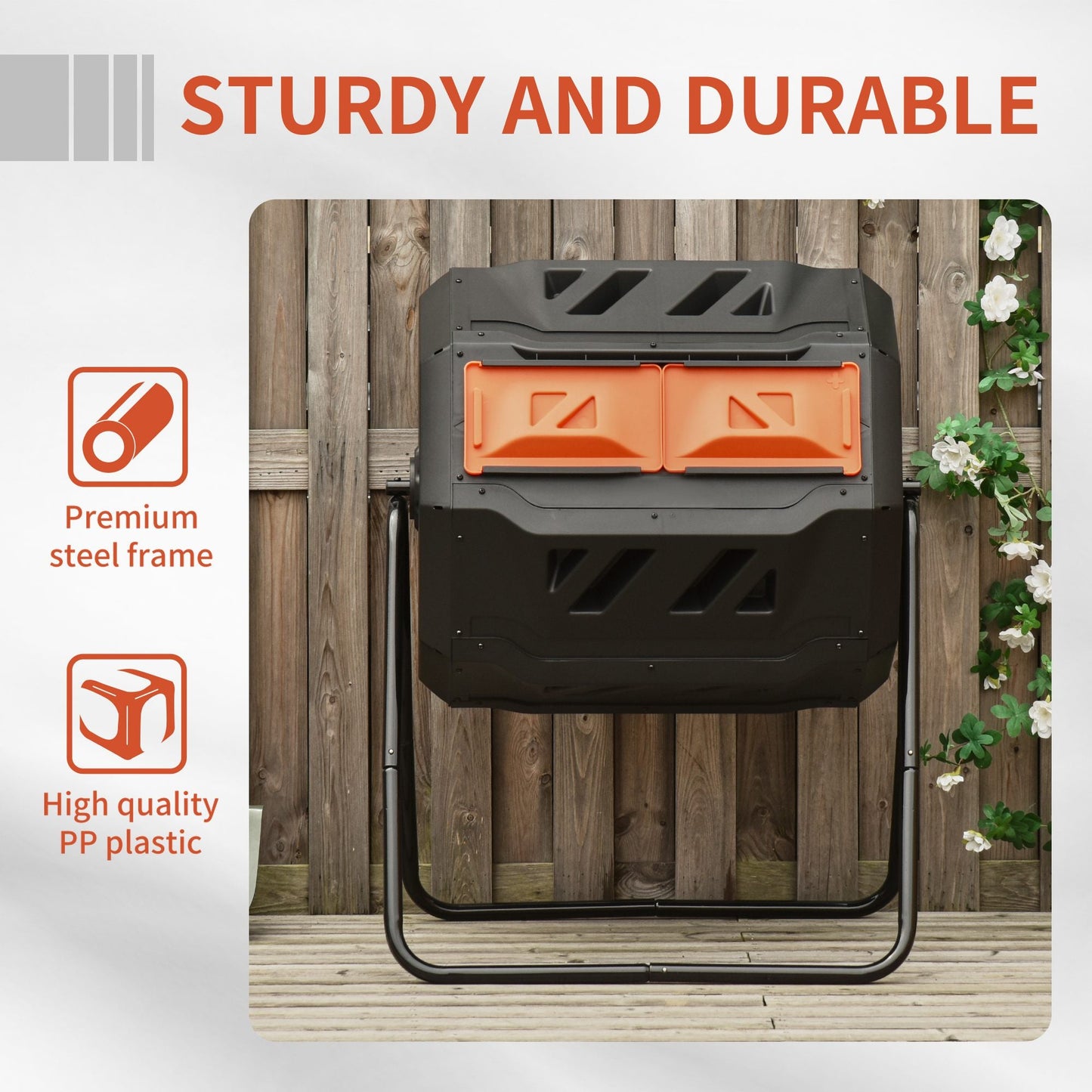 160L Tumbling Compost Bin Outdoor Dual Chamber 360° Rotating Composter, Garden Compost Bin w/ Sliding Doors & Solid Steel Frame, Orange